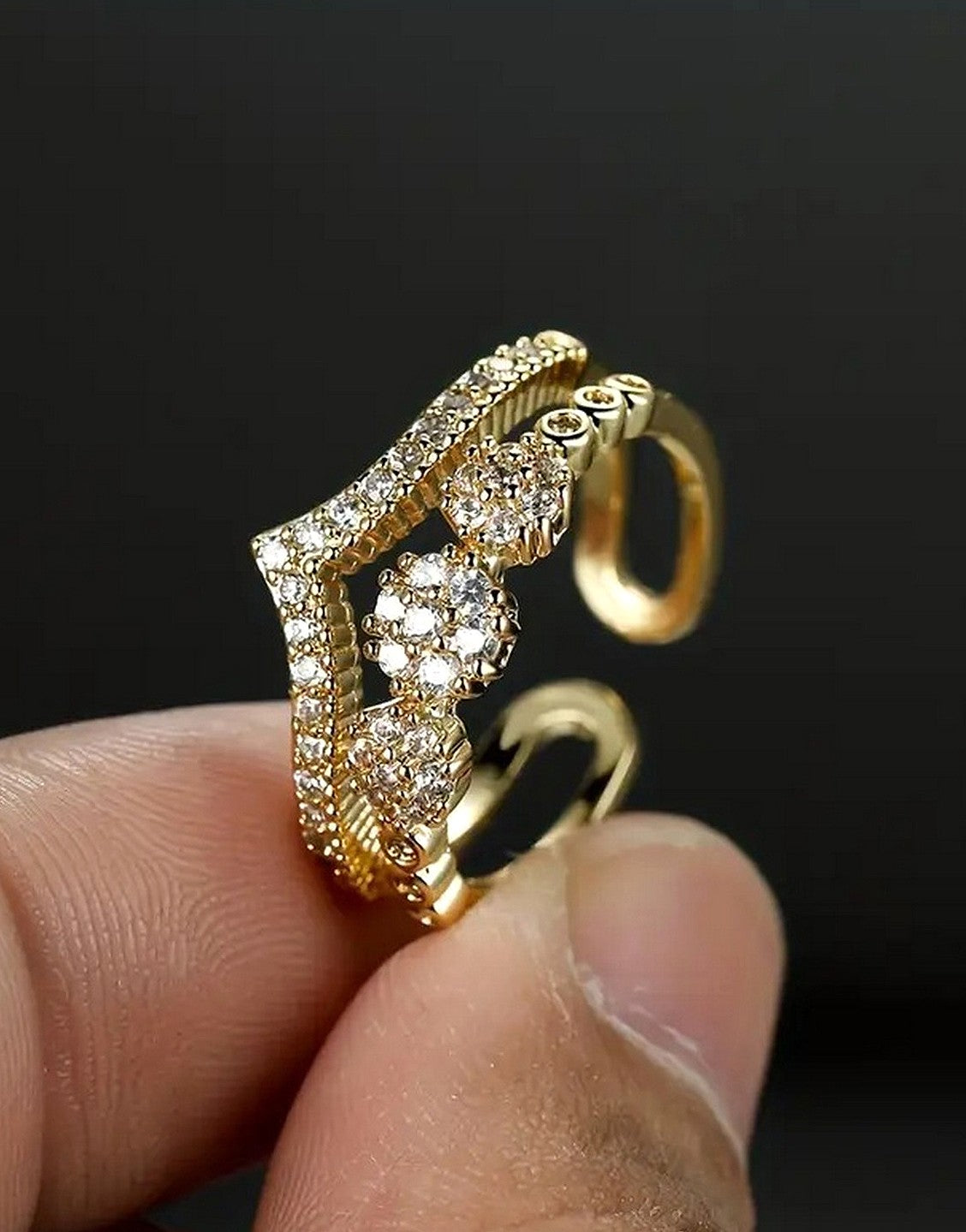 Adjustable Double Layer Royal Crown Shape Cuff Ring (TK18095)