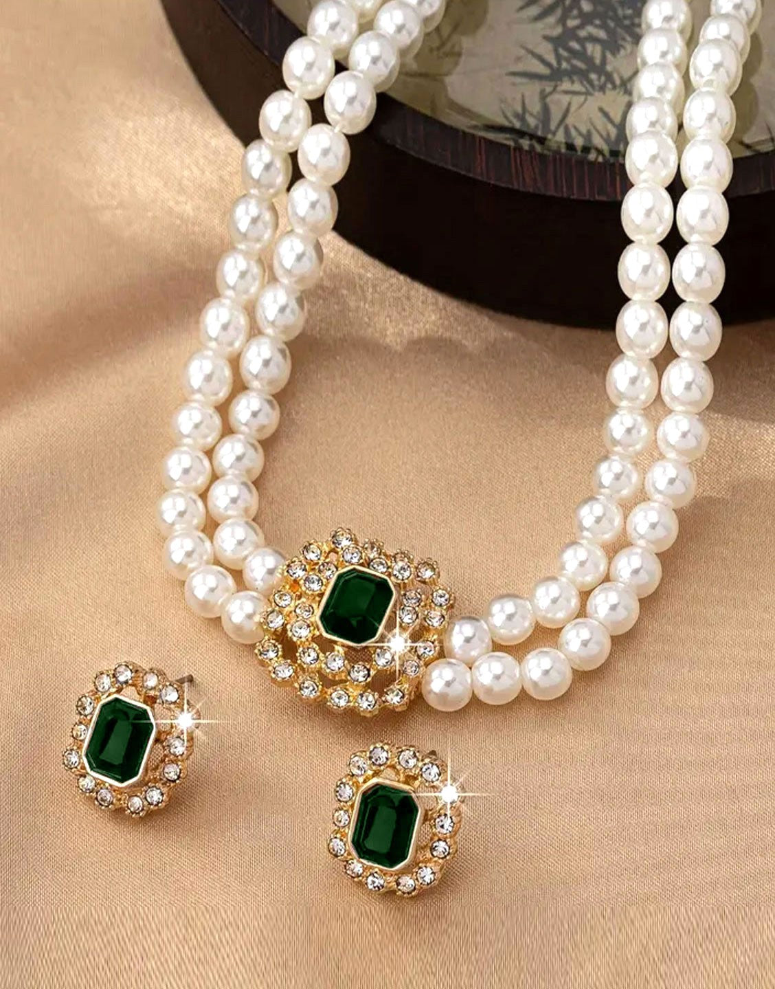 Elegant Double Row Faux Pearl Choker Necklace & Stud Earrings (TK18111)