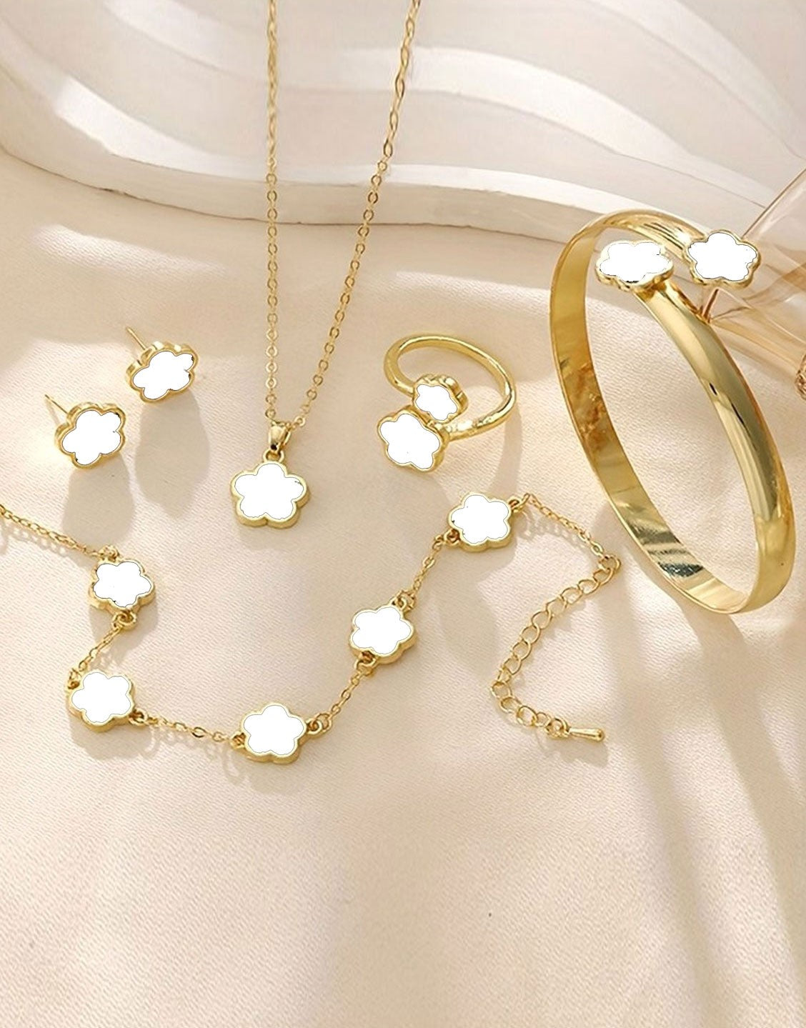 5-Piece White Five Leaf Clover Design Jewelry Set includes Bracelet, Earrings, Kara, Necklace & Ring (TK18154)