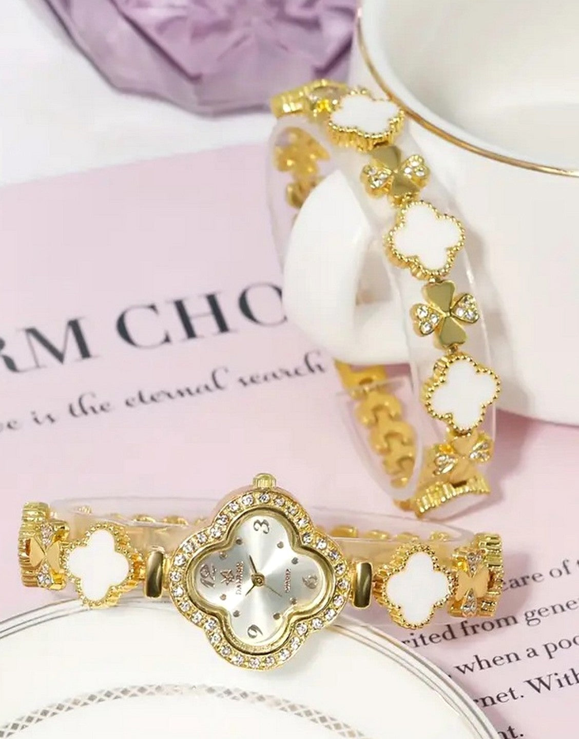 2-Pcs Boho Style Four Leaf Clover Design Ladies Watch & Bracelet Set (TK18185)