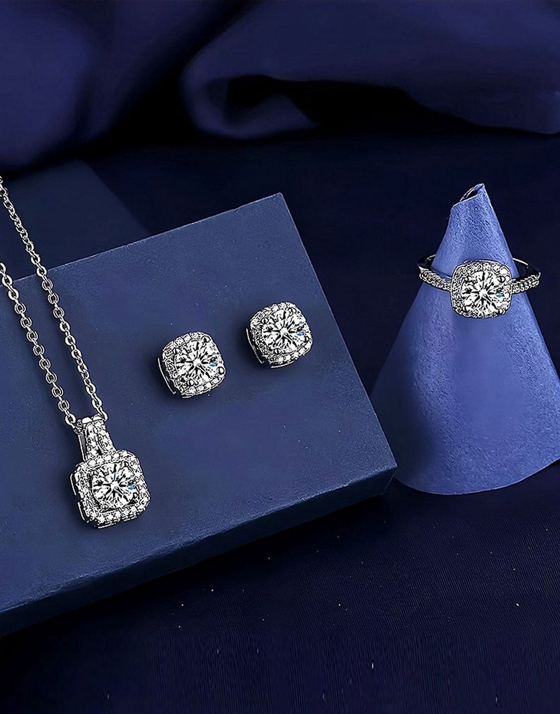 Elegant 3-Piece Silver Pendant Necklace Set with Ring, Earrings (TK17917)