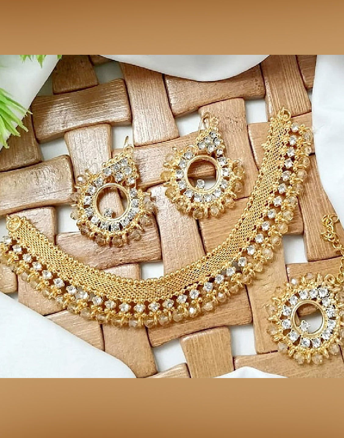 Elegant Champagne Stone Jewellery Set with Earrings & Tikka (TK16384)