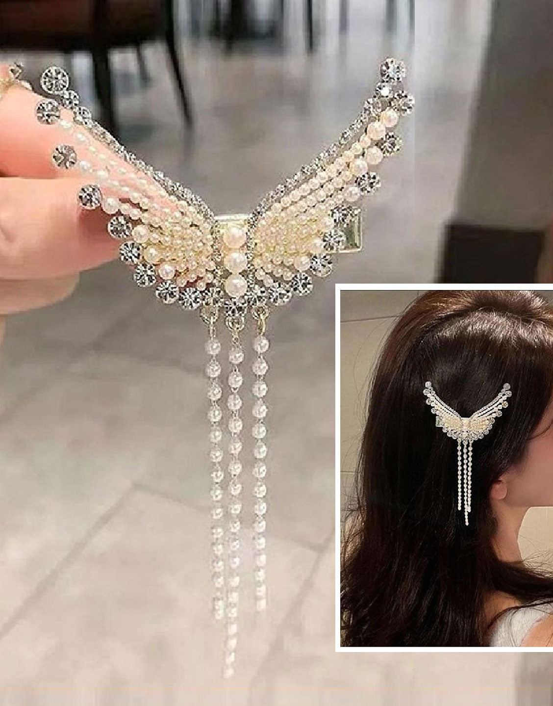 Rhinestone Pearl Angel Wings Design Headdress Hair Clip (TK16479)