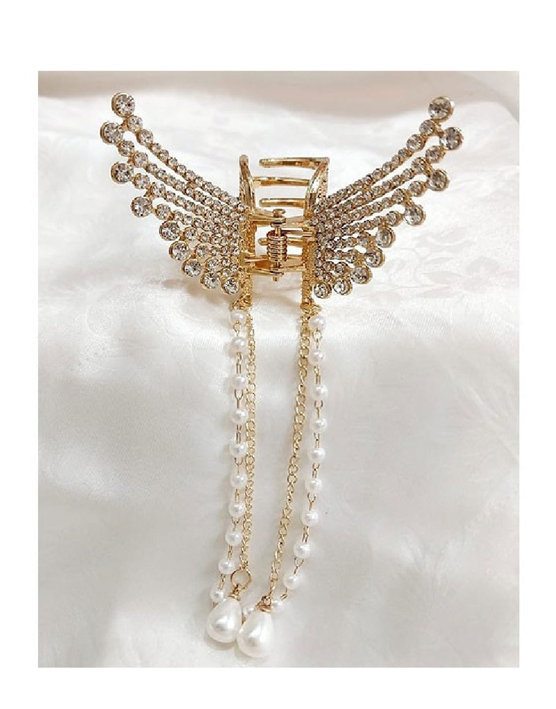 Rhinestone Pearl Angel Wings Design Hair Catcher - Golden (TK16482)