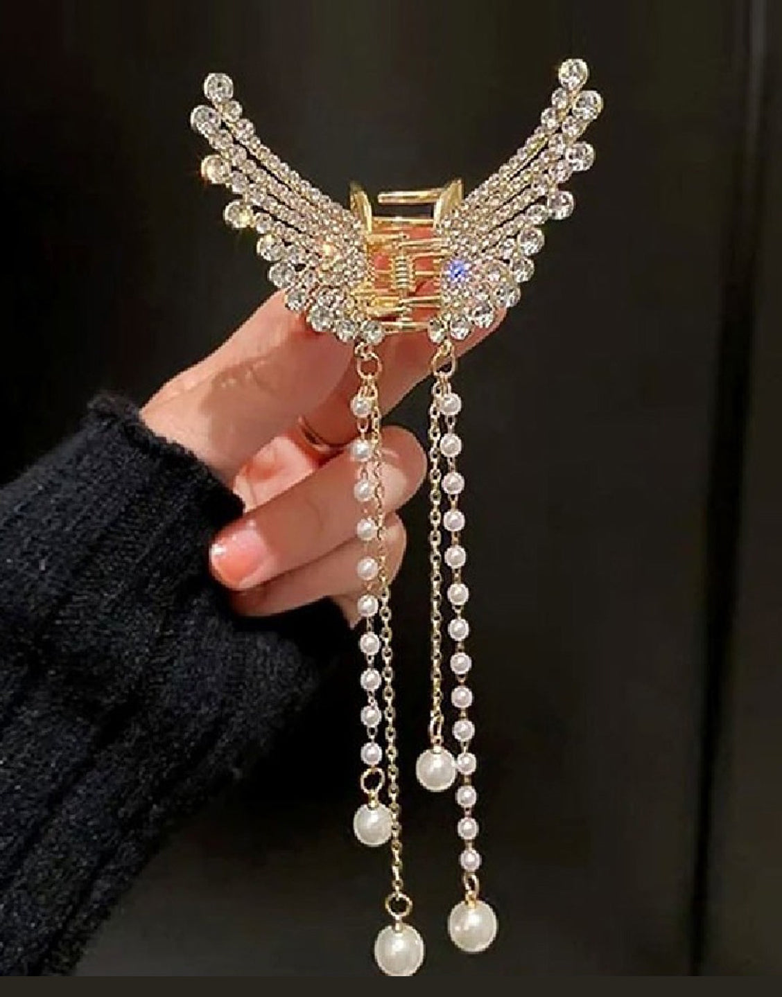Rhinestone Pearl Angel Wings Design Hair Catcher - Golden (TK16482)