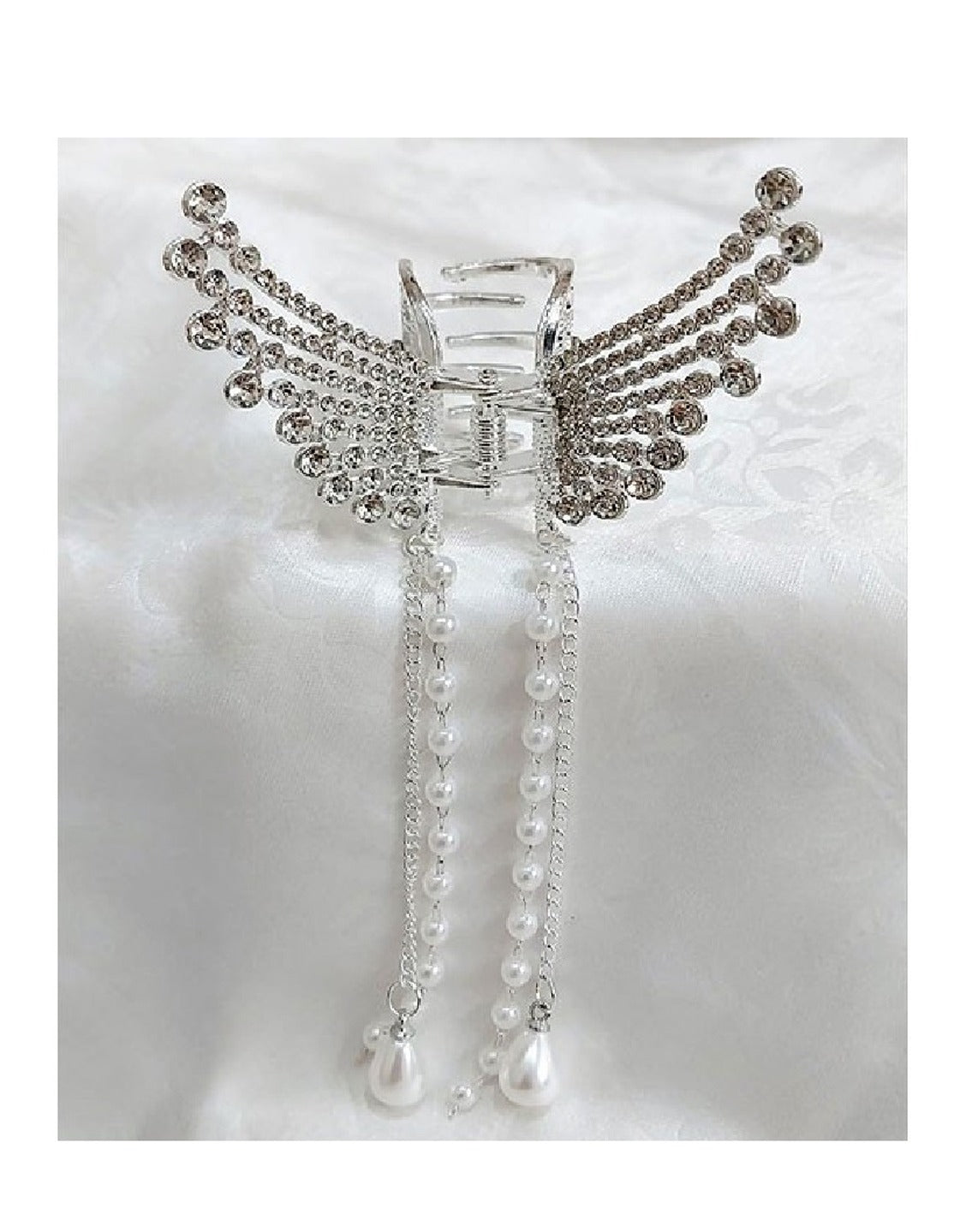 Rhinestone Pearl Angel Wings Design Hair Catcher - Silver (TK16483)
