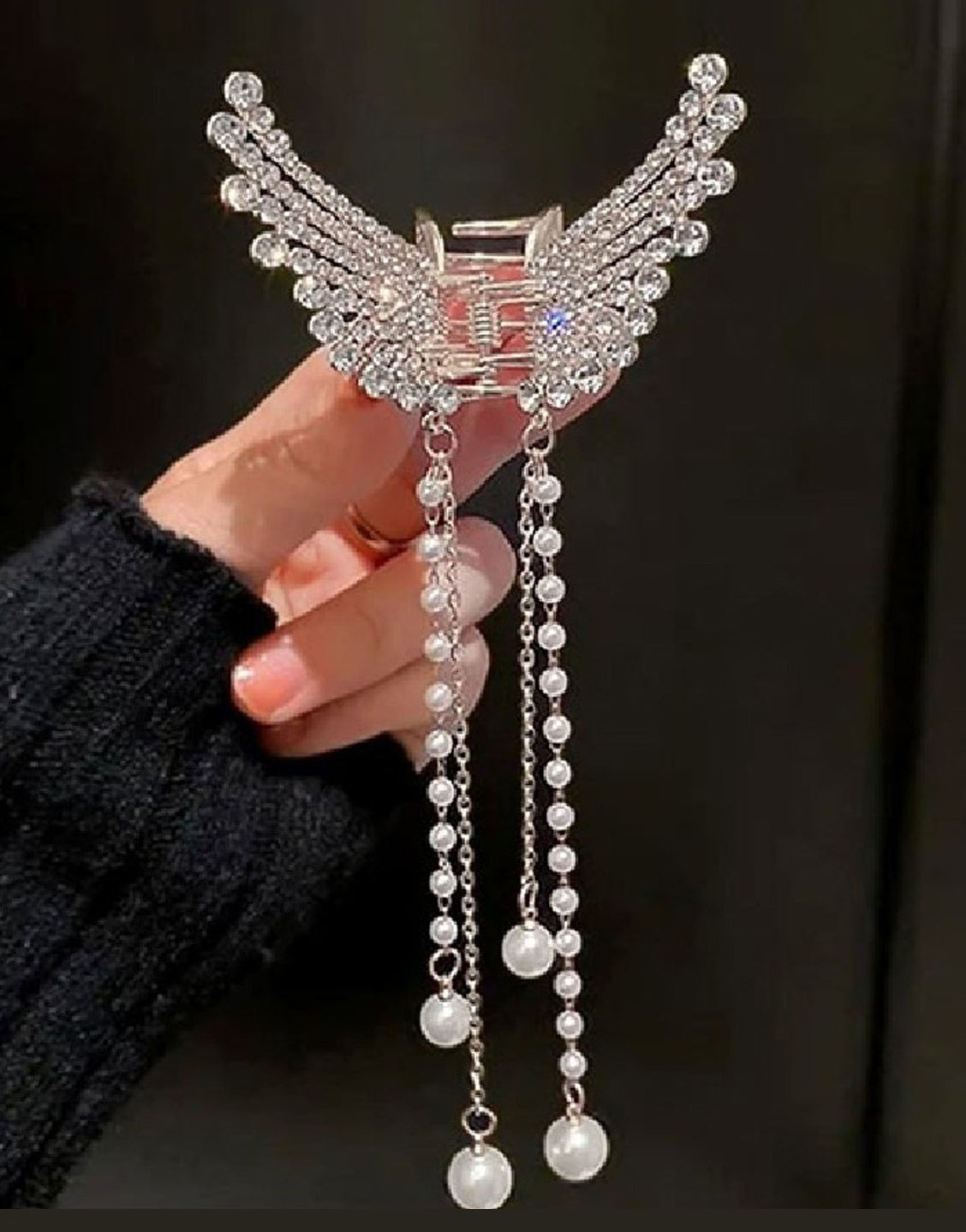 Rhinestone Pearl Angel Wings Design Hair Catcher - Silver (TK16483)