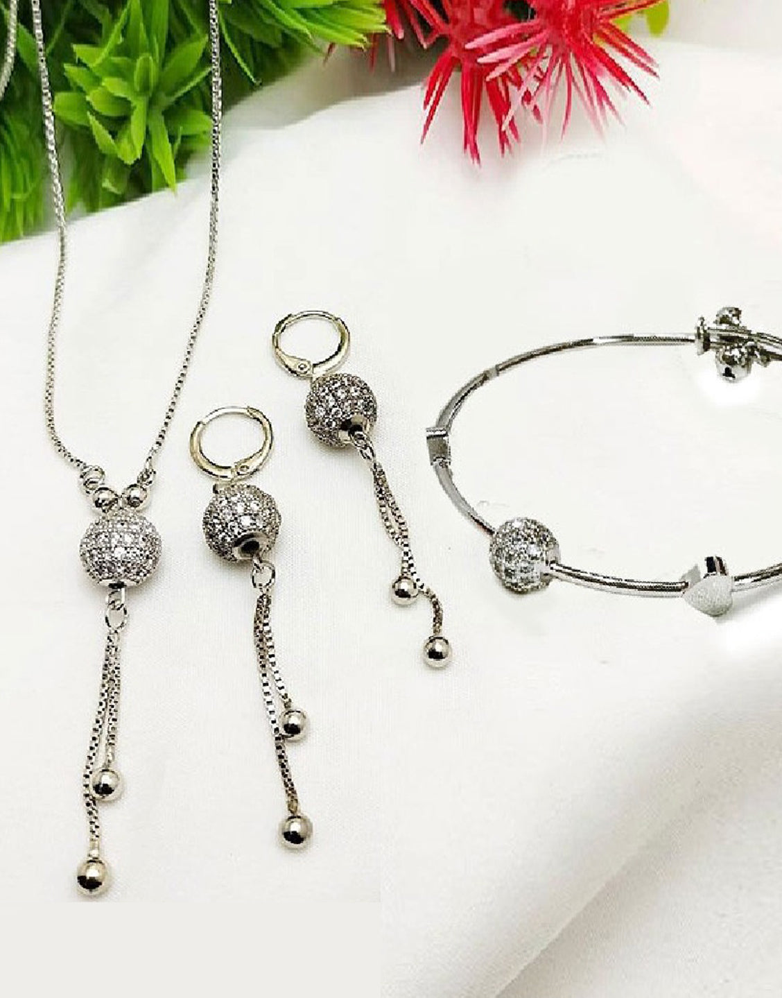 Adorable Ball Shaped Zircon Jewellery Set with Bracelet & Earrings (TK16532)