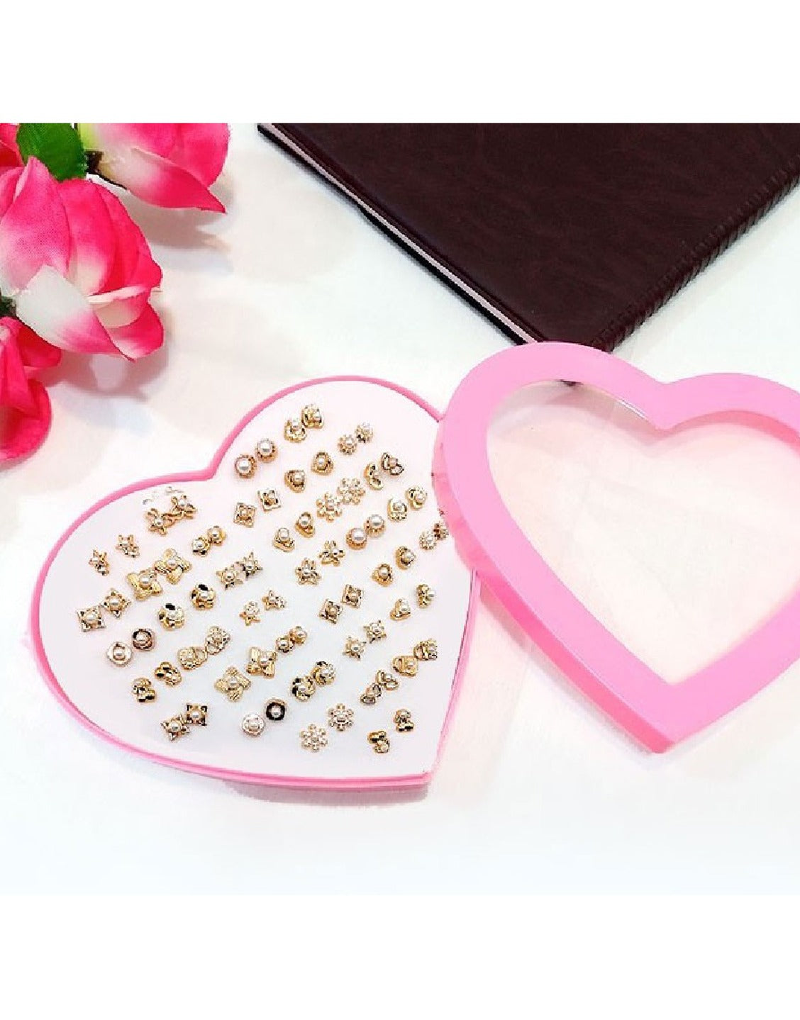 36 Pairs Golden Stud Earrings Set for Girls with Heart Shape Gift Packing (TK16557)