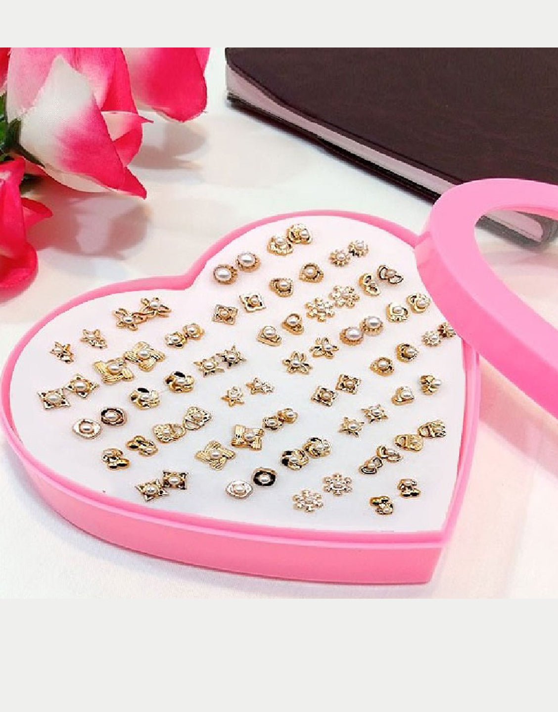 36 Pairs Golden Stud Earrings Set for Girls with Heart Shape Gift Packing (TK16557)