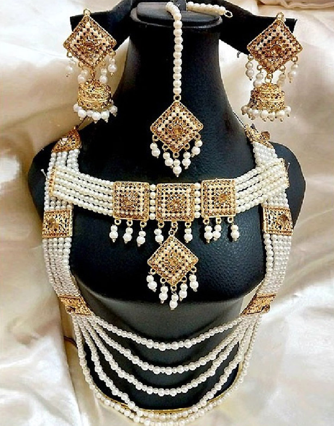 Pearl Long Mala & Choker Set with Earrings & Tikka (TK16579)