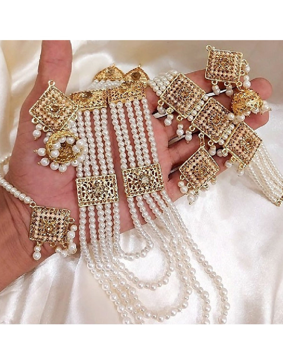 Pearl Long Mala & Choker Set with Earrings & Tikka (TK16579)