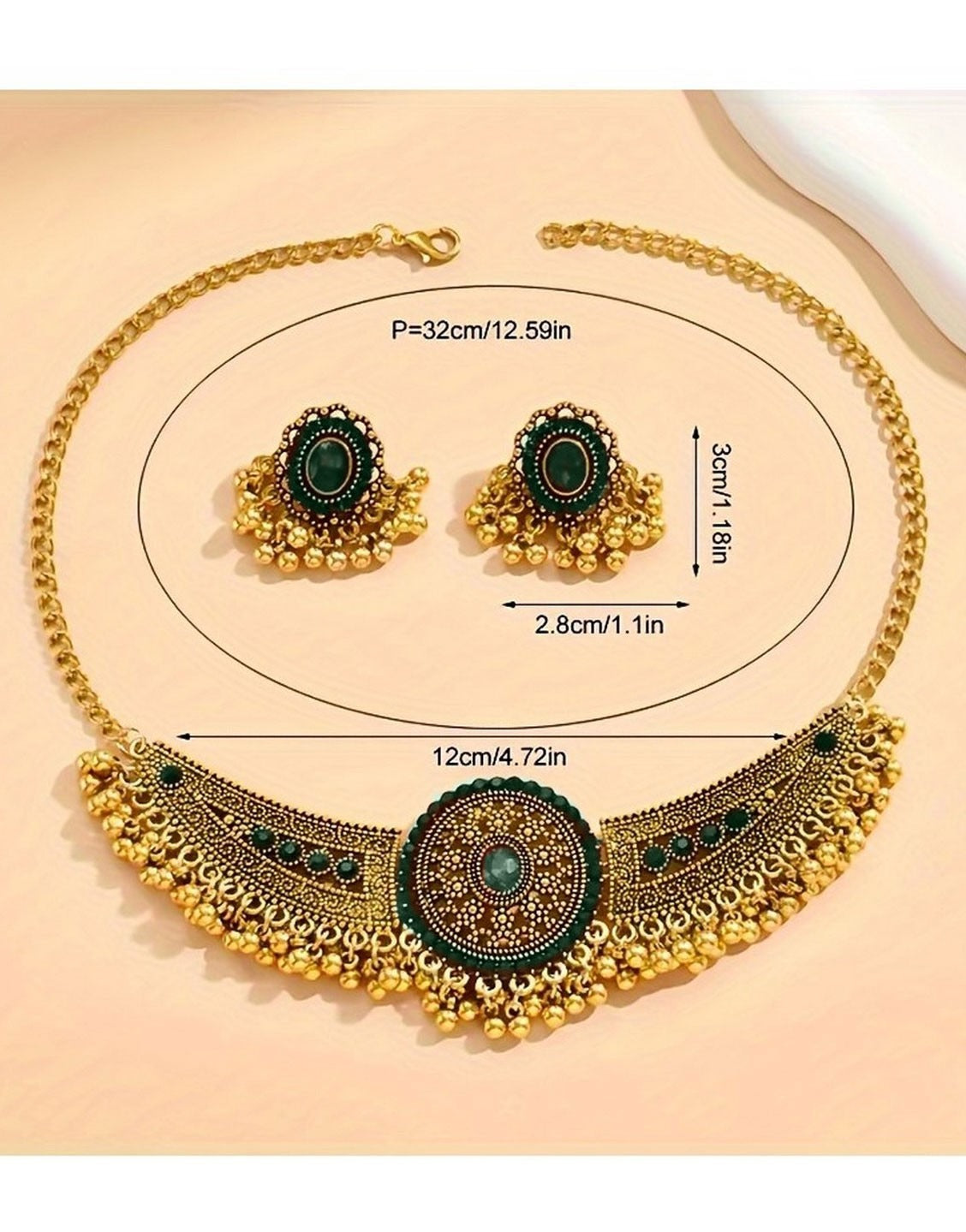 Bohemian Style Green Synthetic Gemstone Choker Jewellery Set with Earrings (TK17896)