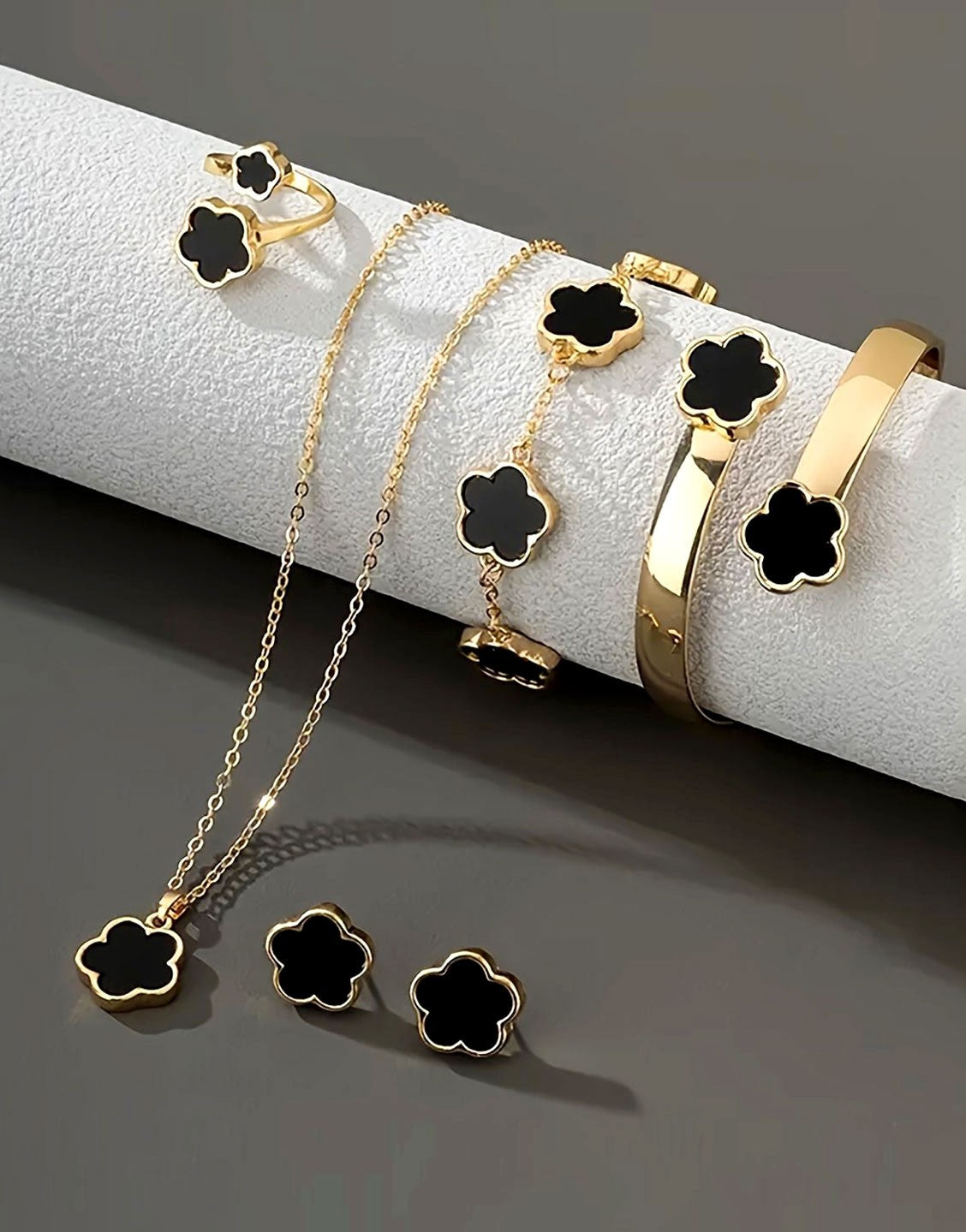 5-Piece Black Five Leaf Clover Design Jewelry Set includes Bracelet, Earrings, Kara, Necklace & Ring (TK17897)