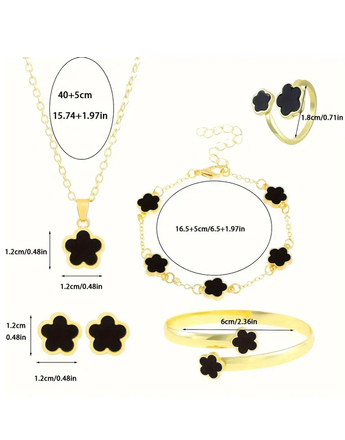 5-Piece Black Five Leaf Clover Design Jewelry Set includes Bracelet, Earrings, Kara, Necklace & Ring (TK17897)