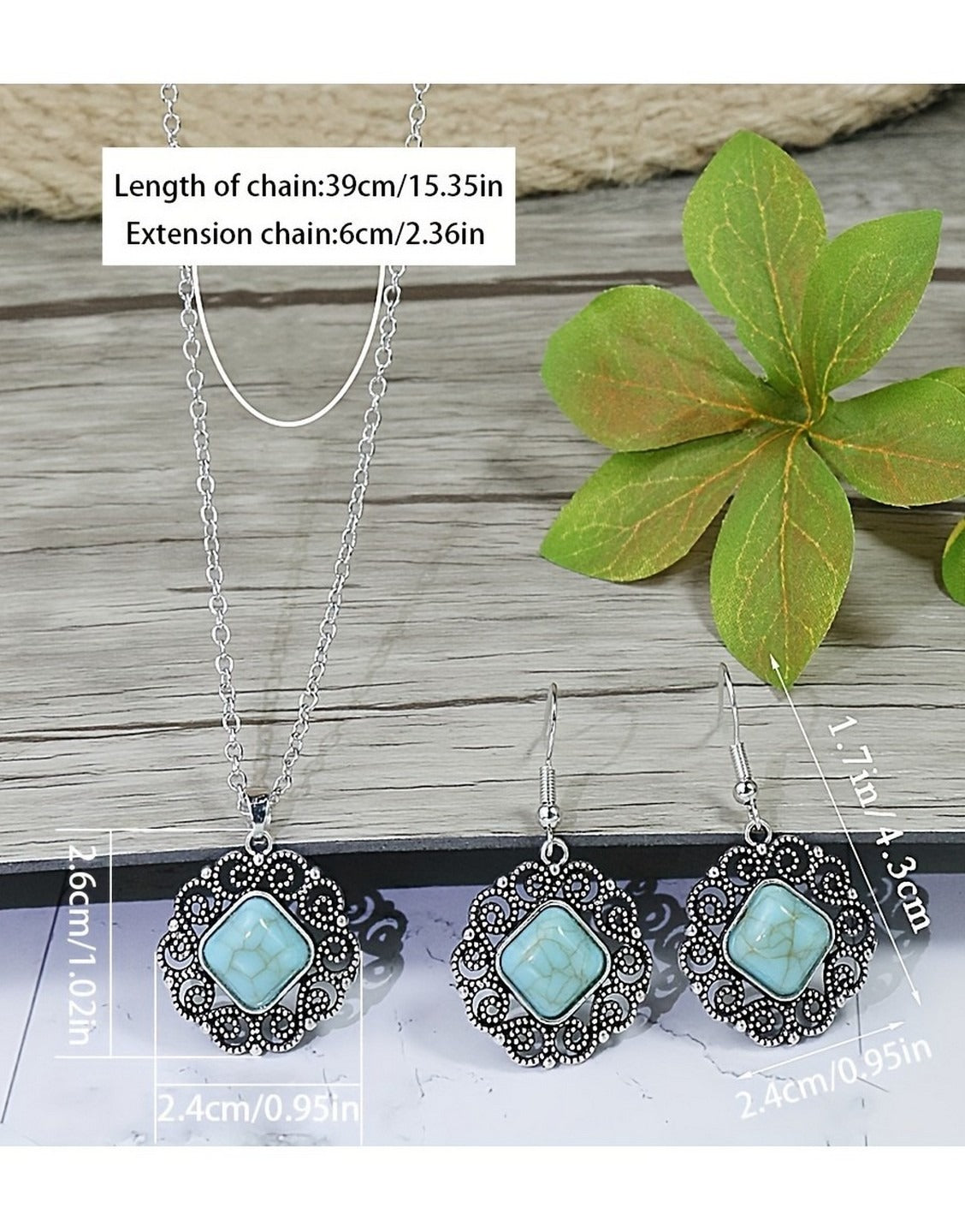 Vintage Silvery Rectangular Turquoise Necklace with Earrings Set (TK17915)