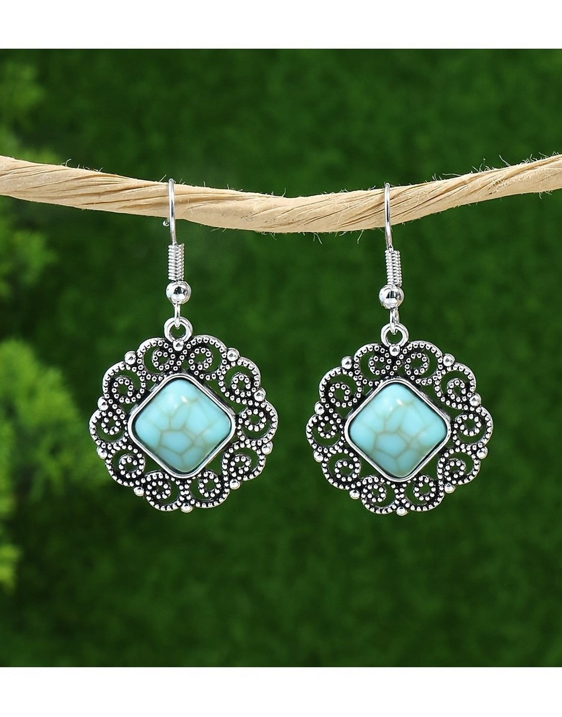 Vintage Silvery Rectangular Turquoise Necklace with Earrings Set (TK17915)