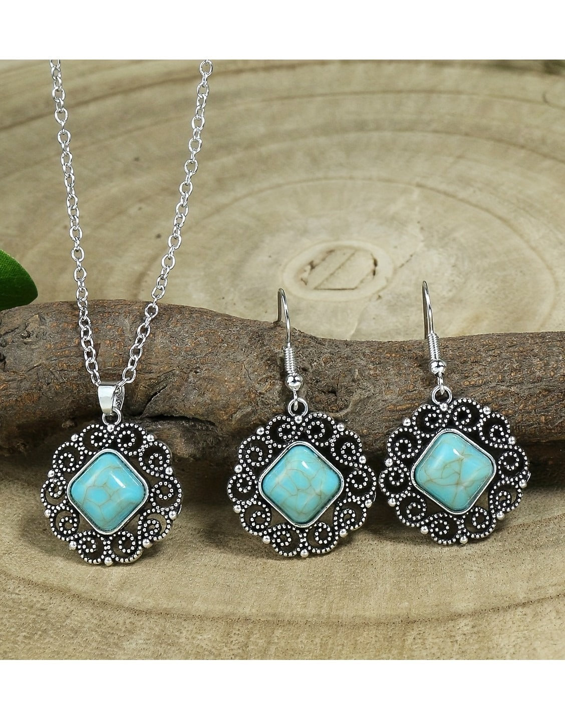Vintage Silvery Rectangular Turquoise Necklace with Earrings Set (TK17915)