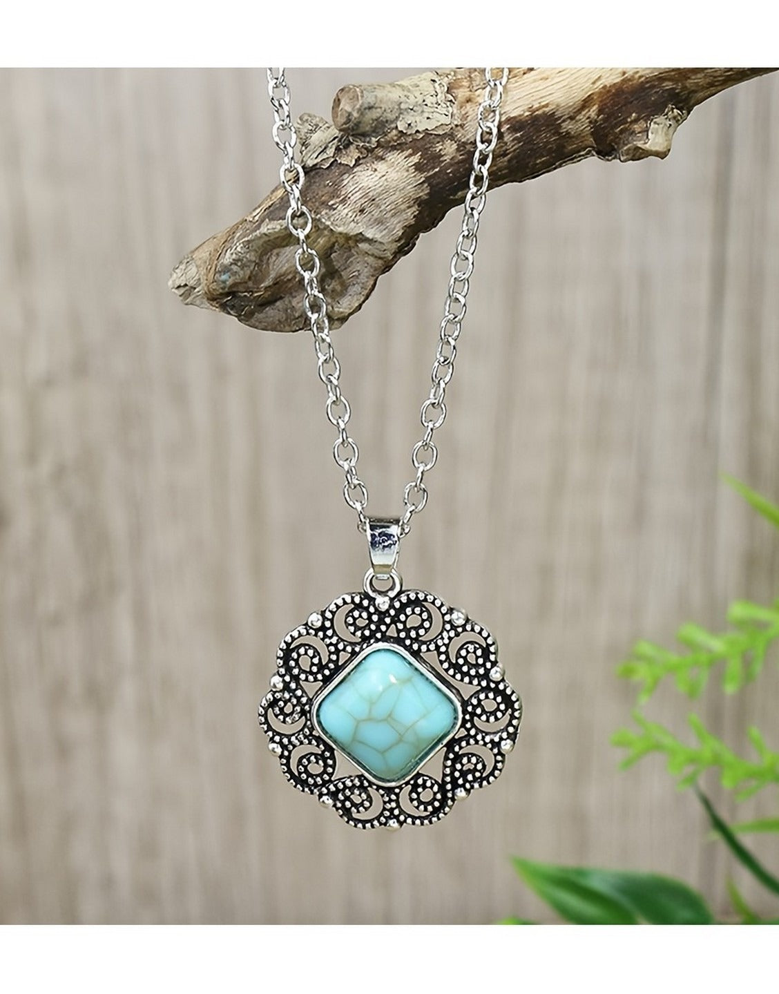 Vintage Silvery Rectangular Turquoise Necklace with Earrings Set (TK17915)
