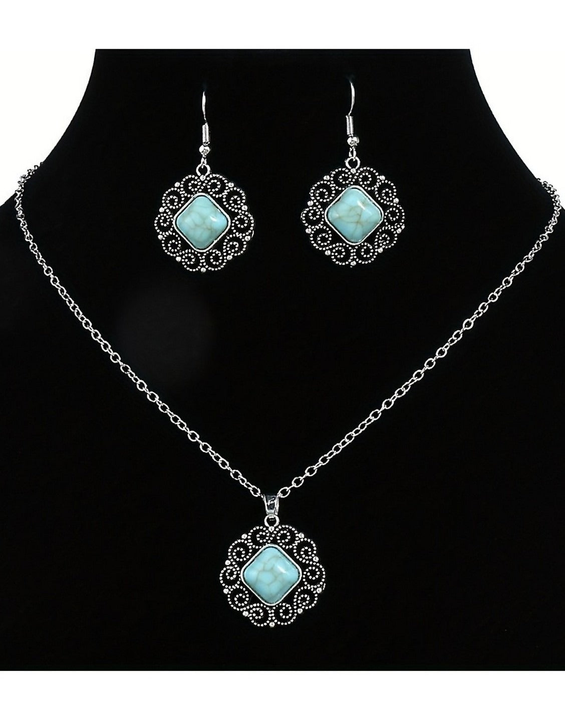 Vintage Silvery Rectangular Turquoise Necklace with Earrings Set (TK17915)