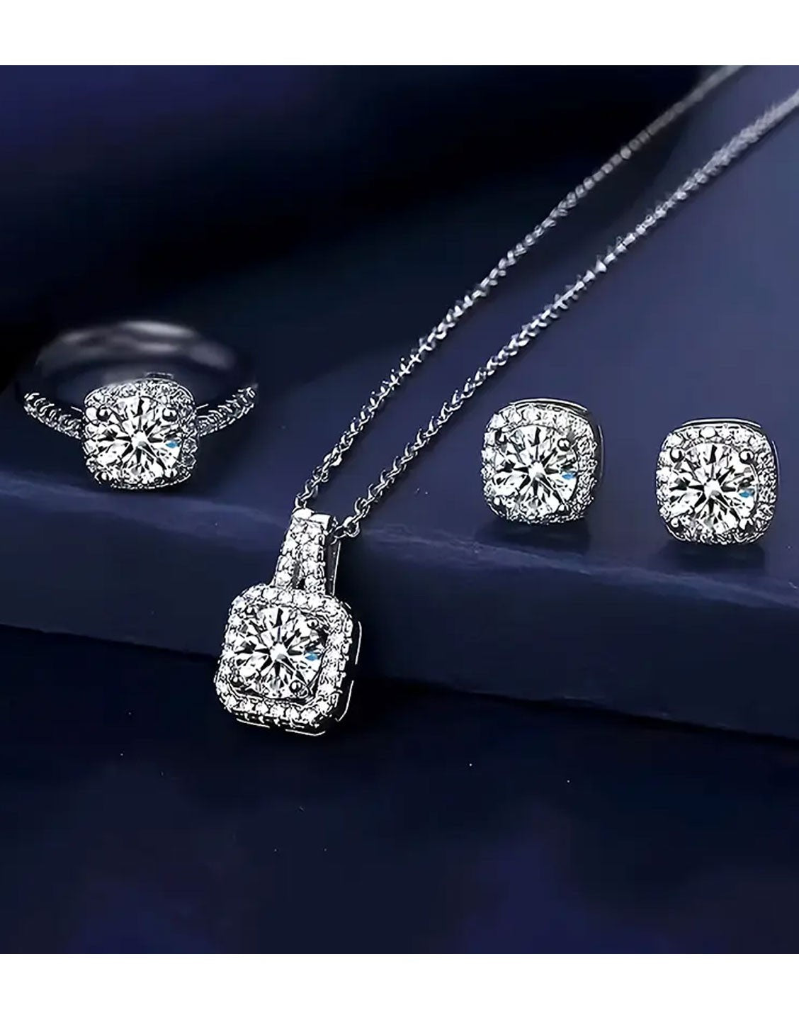 Elegant 3-Piece Silver Pendant Necklace Set with Ring, Earrings (TK17917)