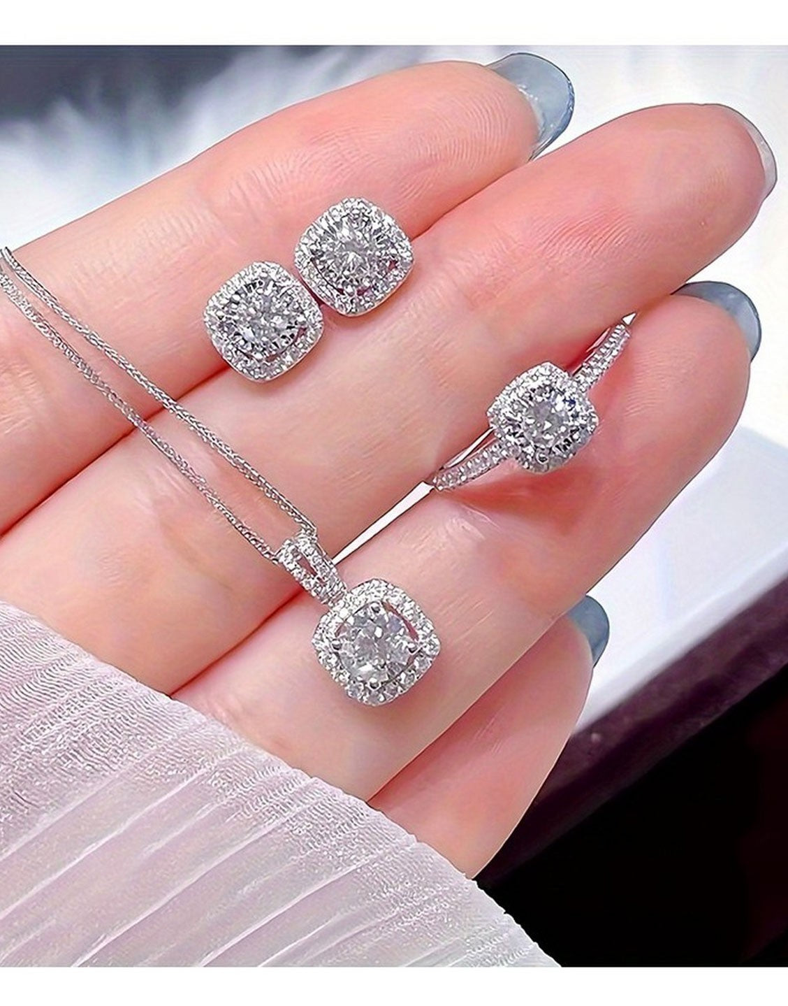 Elegant 3-Piece Silver Pendant Necklace Set with Ring, Earrings (TK17917)