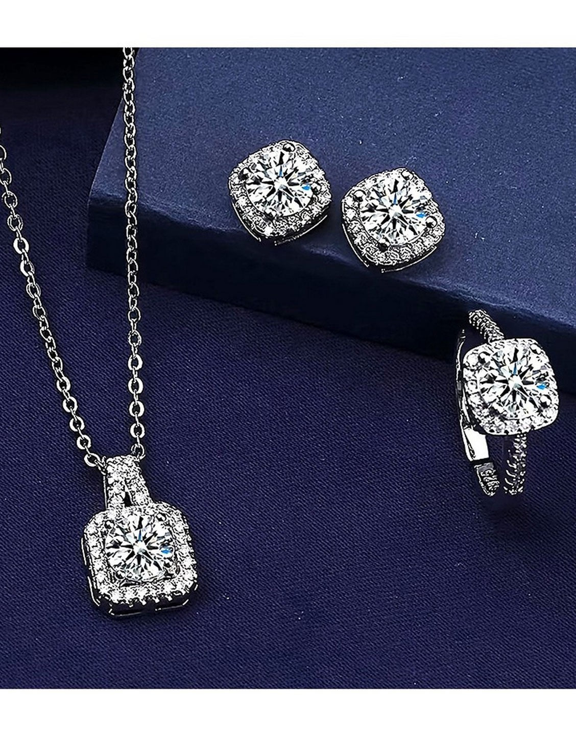 Elegant 3-Piece Silver Pendant Necklace Set with Ring, Earrings (TK17917)