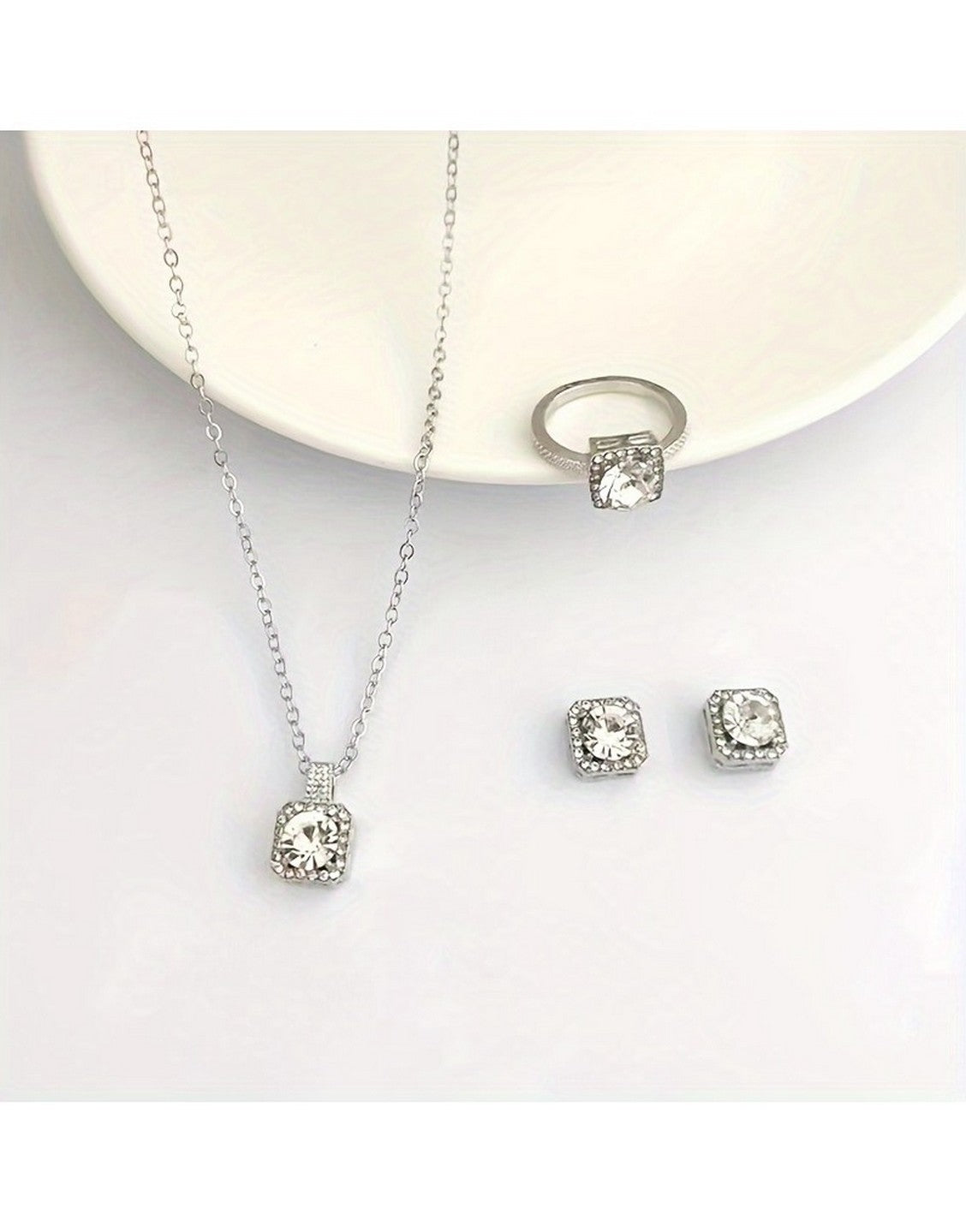 Elegant 3-Piece Silver Pendant Necklace Set with Ring, Earrings (TK17917)