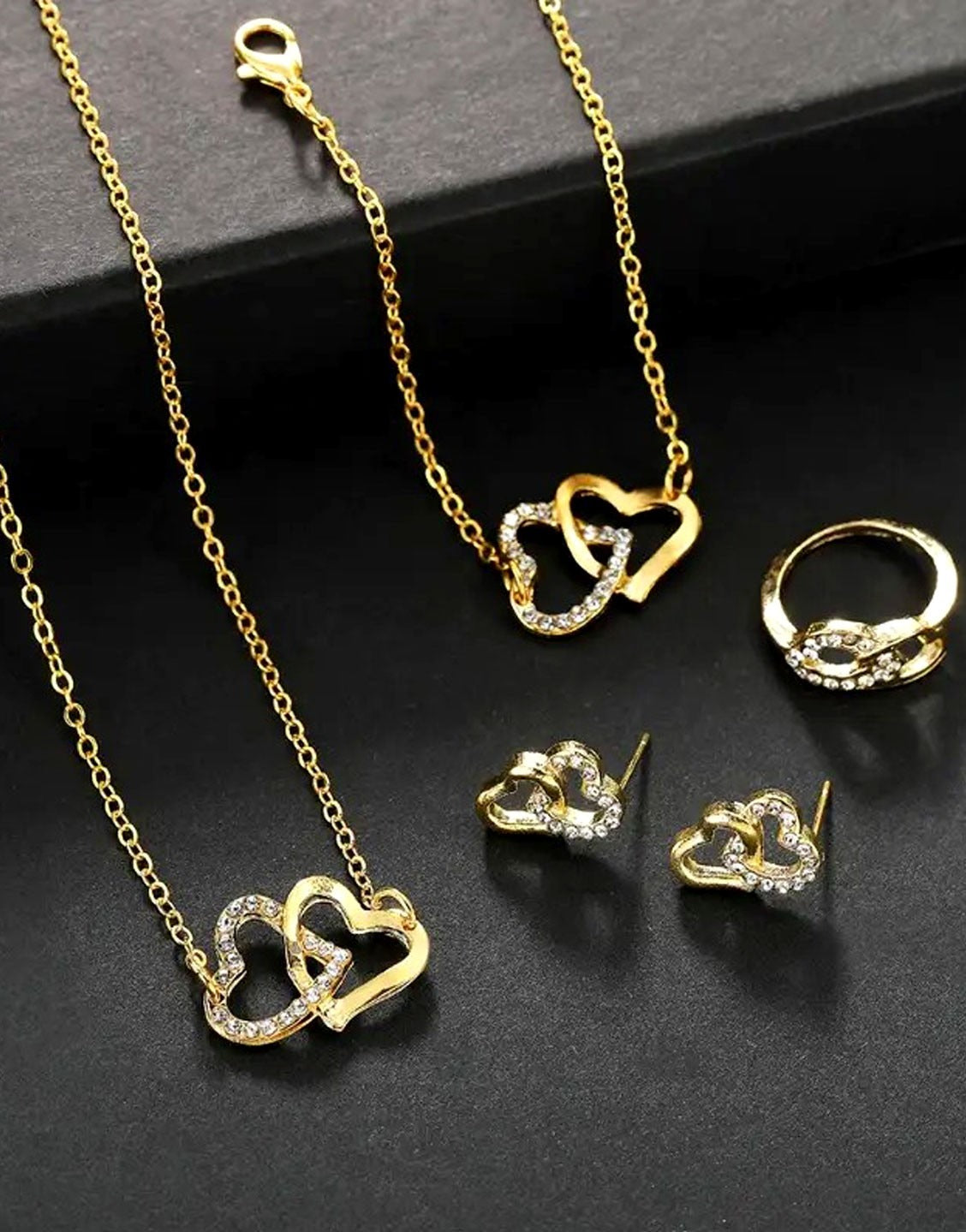 4-Piece Heart Shape Golden Jewellery Set for Girls with Bracelet, Earrings, Necklace and Ring (TK17992)