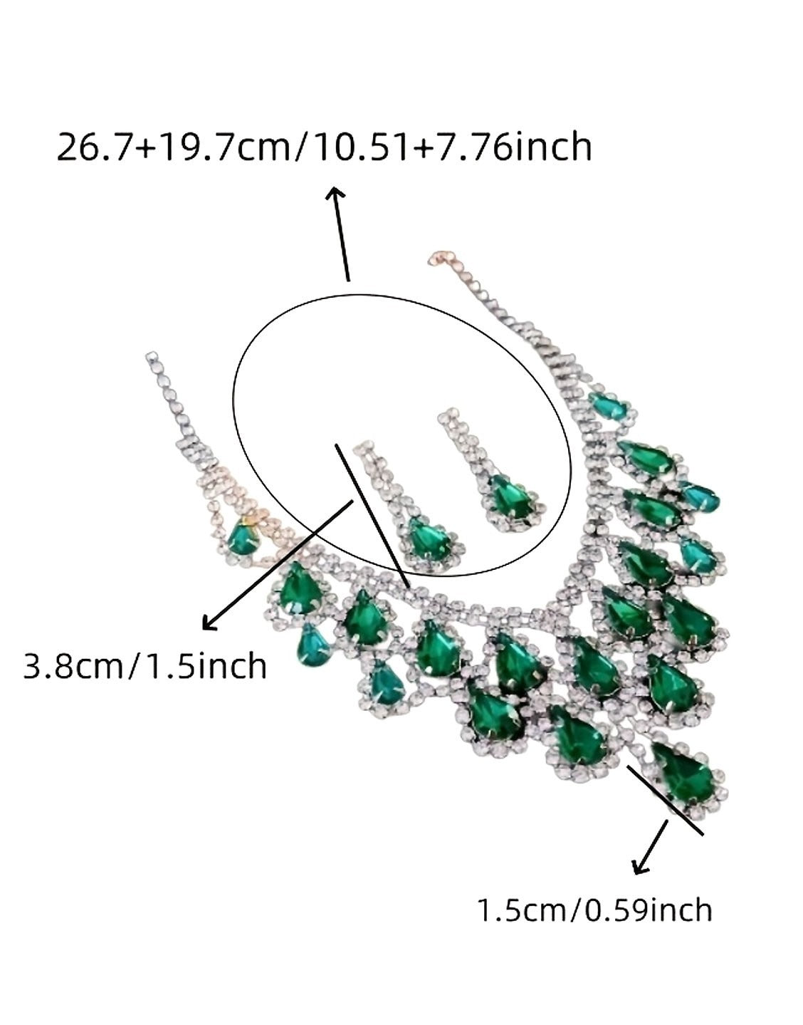 Elegant Green Rhinestone Teardrop Silver Necklace & Earrings Set (TK18033)
