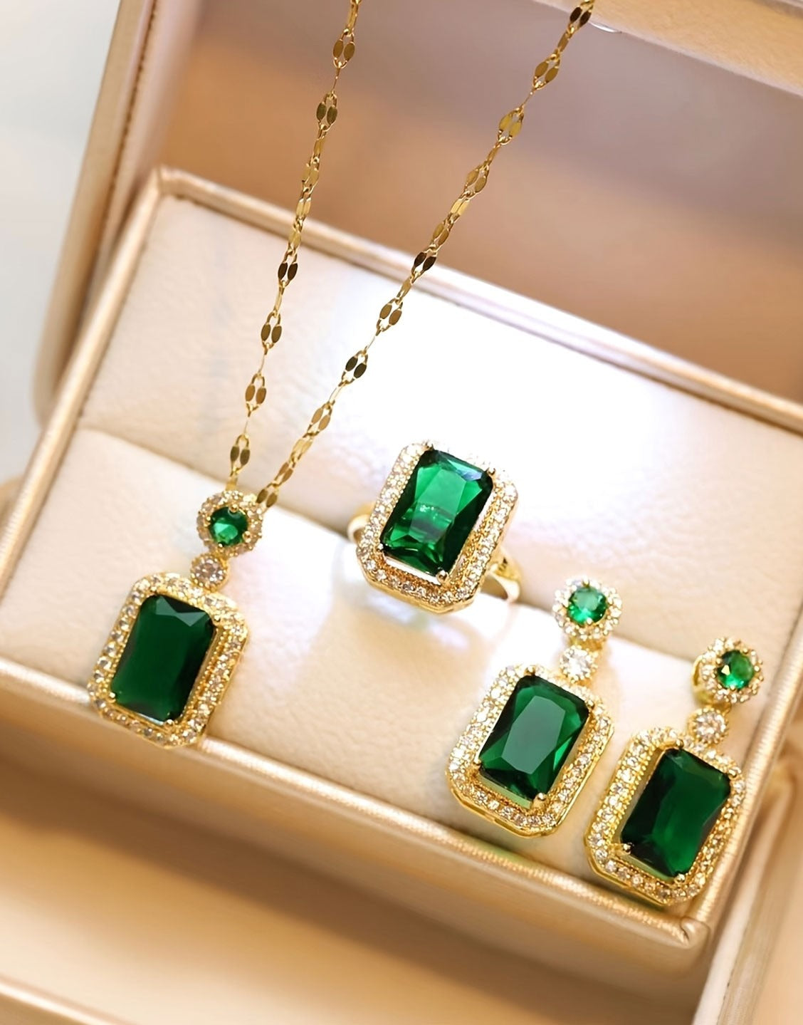 3-Piece Green Rhinestone Necklace Set with Ring & Earrings - Ideal for Daily Wear & Gifting (TK18038)