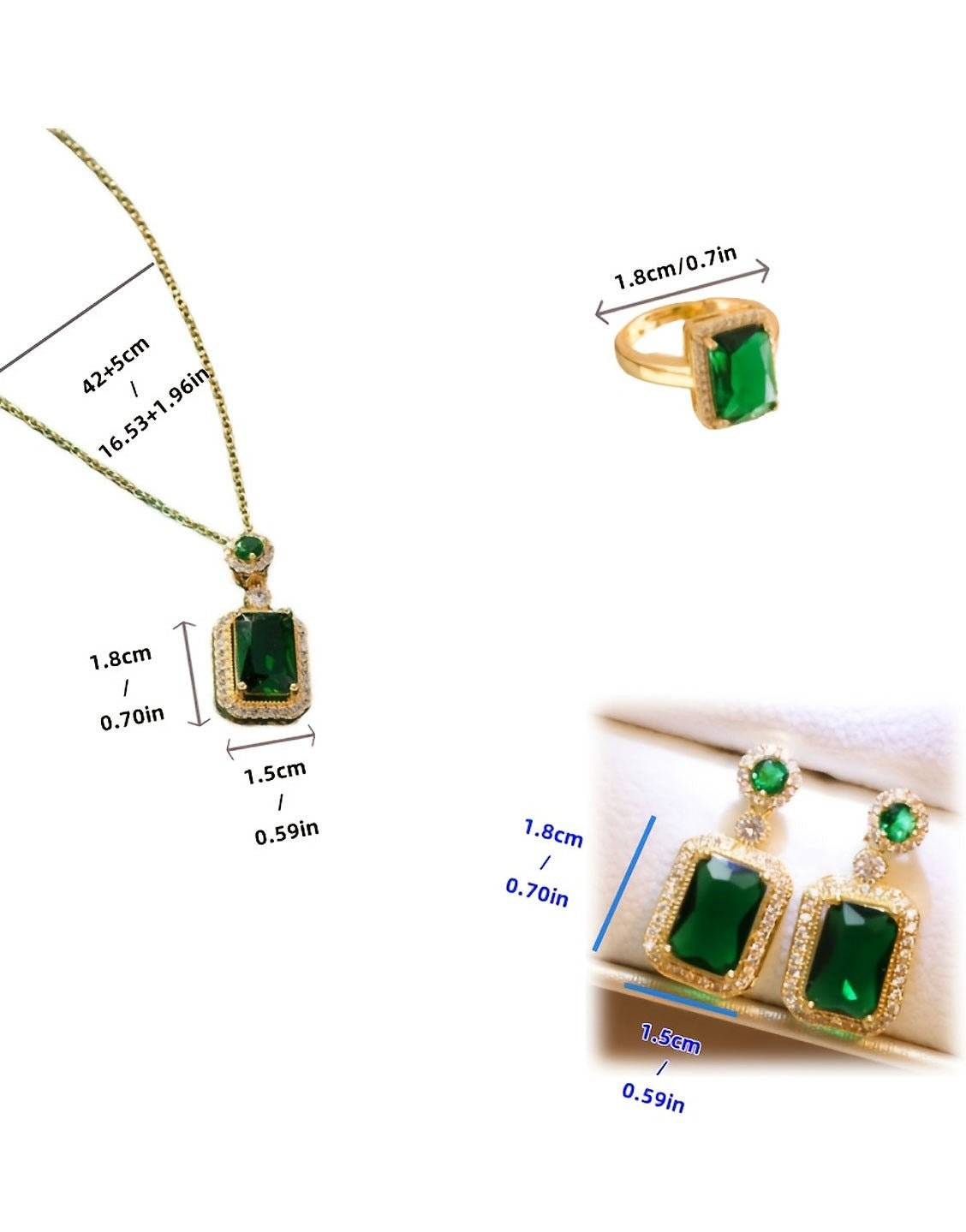 3-Piece Green Rhinestone Necklace Set with Ring & Earrings - Ideal for Daily Wear & Gifting (TK18038)
