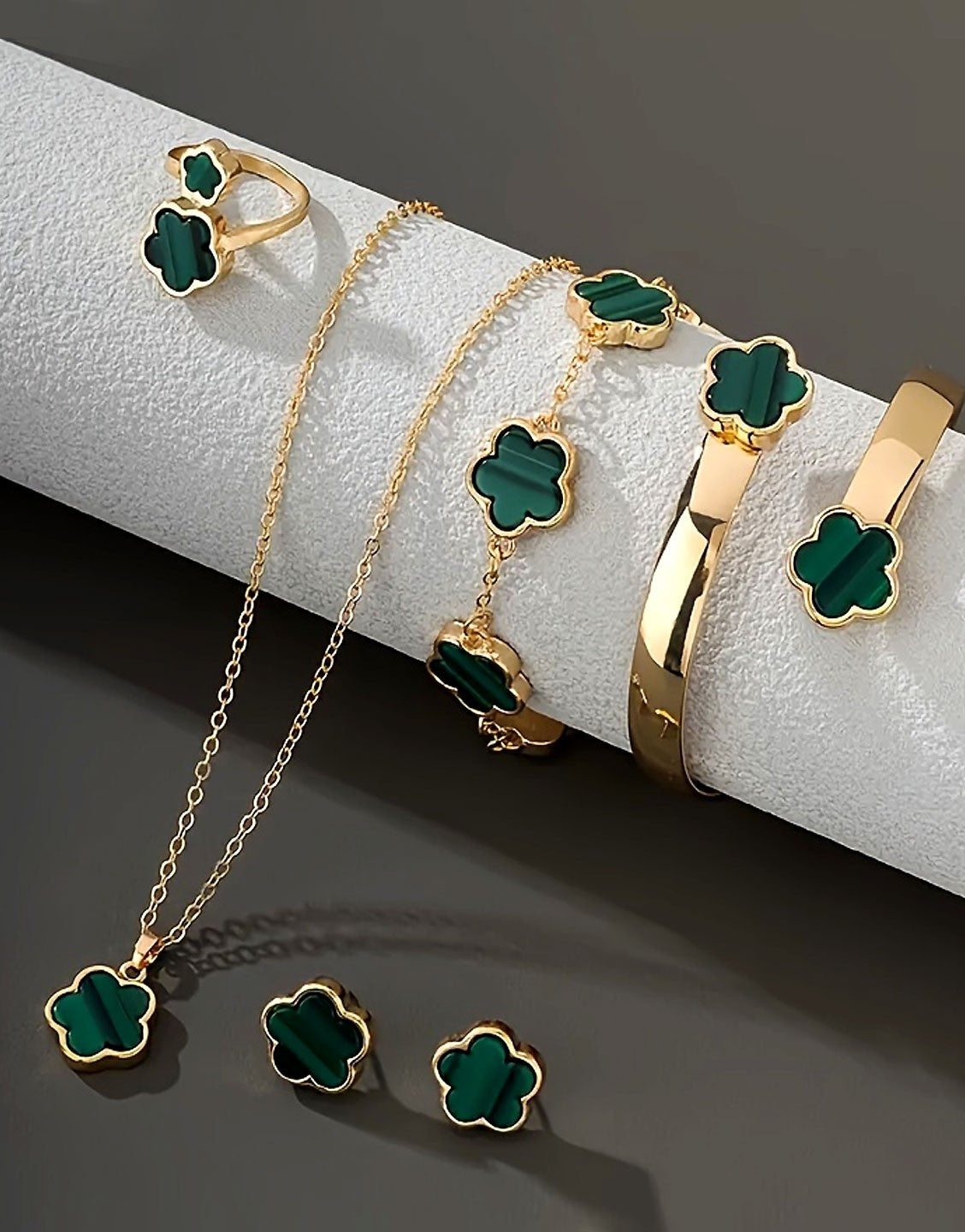 5-Piece Green Five Leaf Clover Design Jewellery Set includes Bracelet, Earrings, Kara, Necklace & Ring (TK18039)