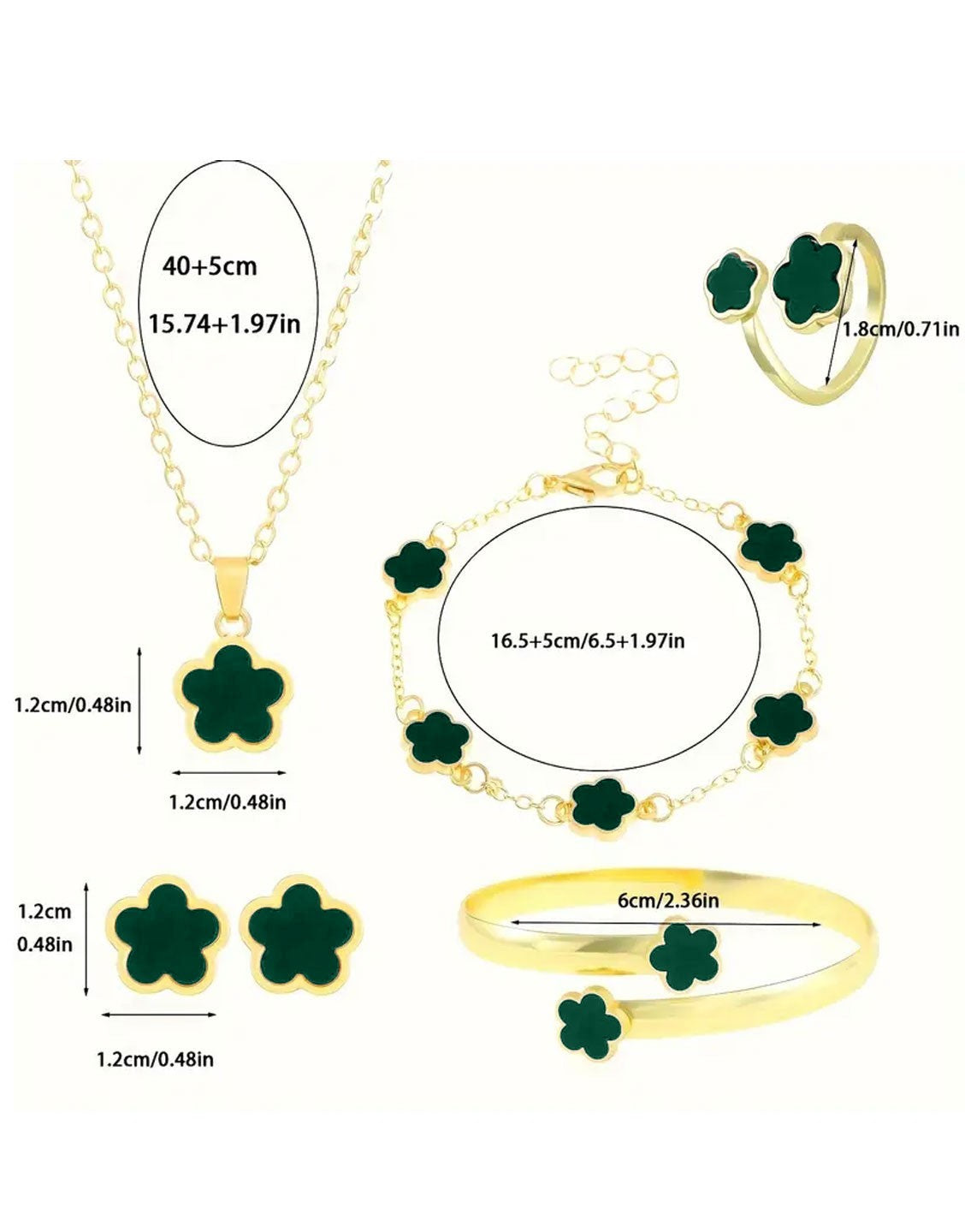 5-Piece Green Five Leaf Clover Design Jewellery Set includes Bracelet, Earrings, Kara, Necklace & Ring (TK18039)