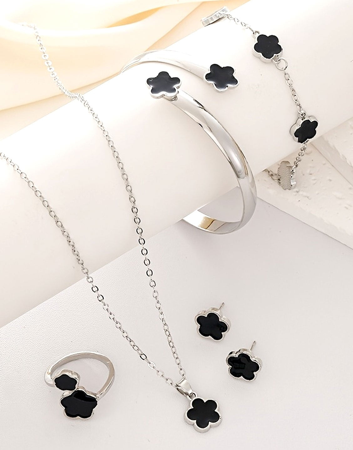 5-Piece Five Leaf Clover Design Silver Jewellery Set includes Bracelet, Earrings, Kara, Necklace & Ring (TK18045)