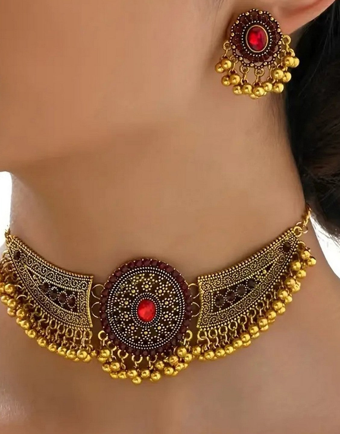 Bohemian Style Red Synthetic Gemstone Choker Jewellery Set with Earrings (TK18058)