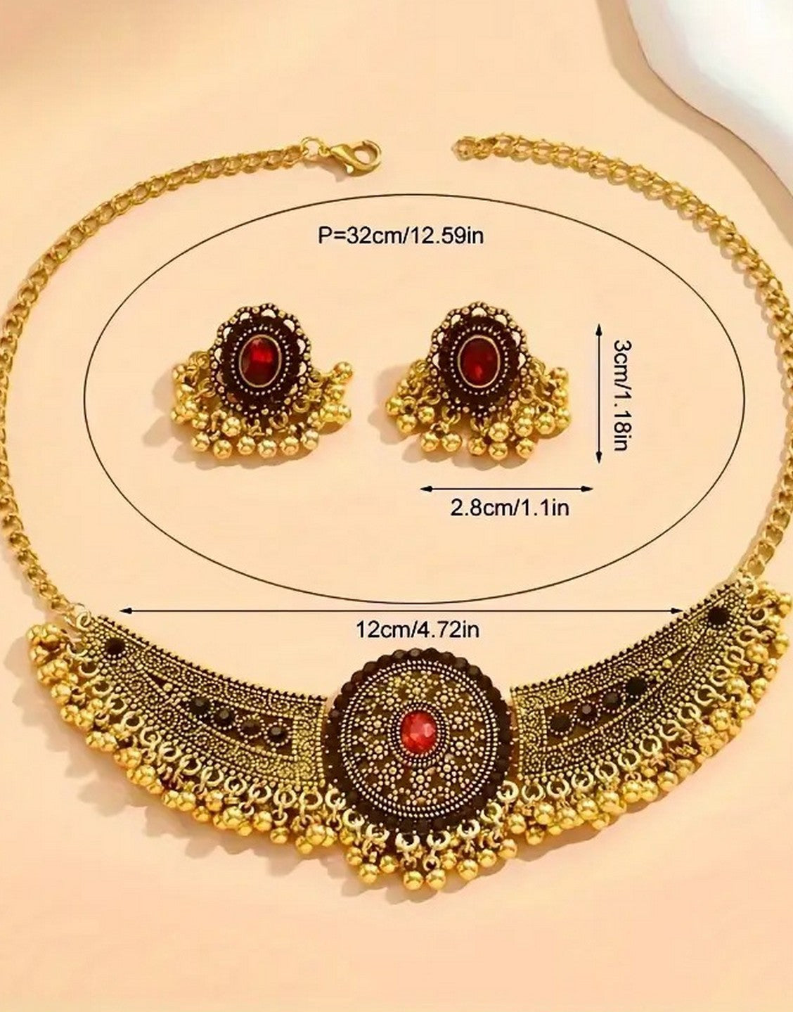 Bohemian Style Red Synthetic Gemstone Choker Jewellery Set with Earrings (TK18058)