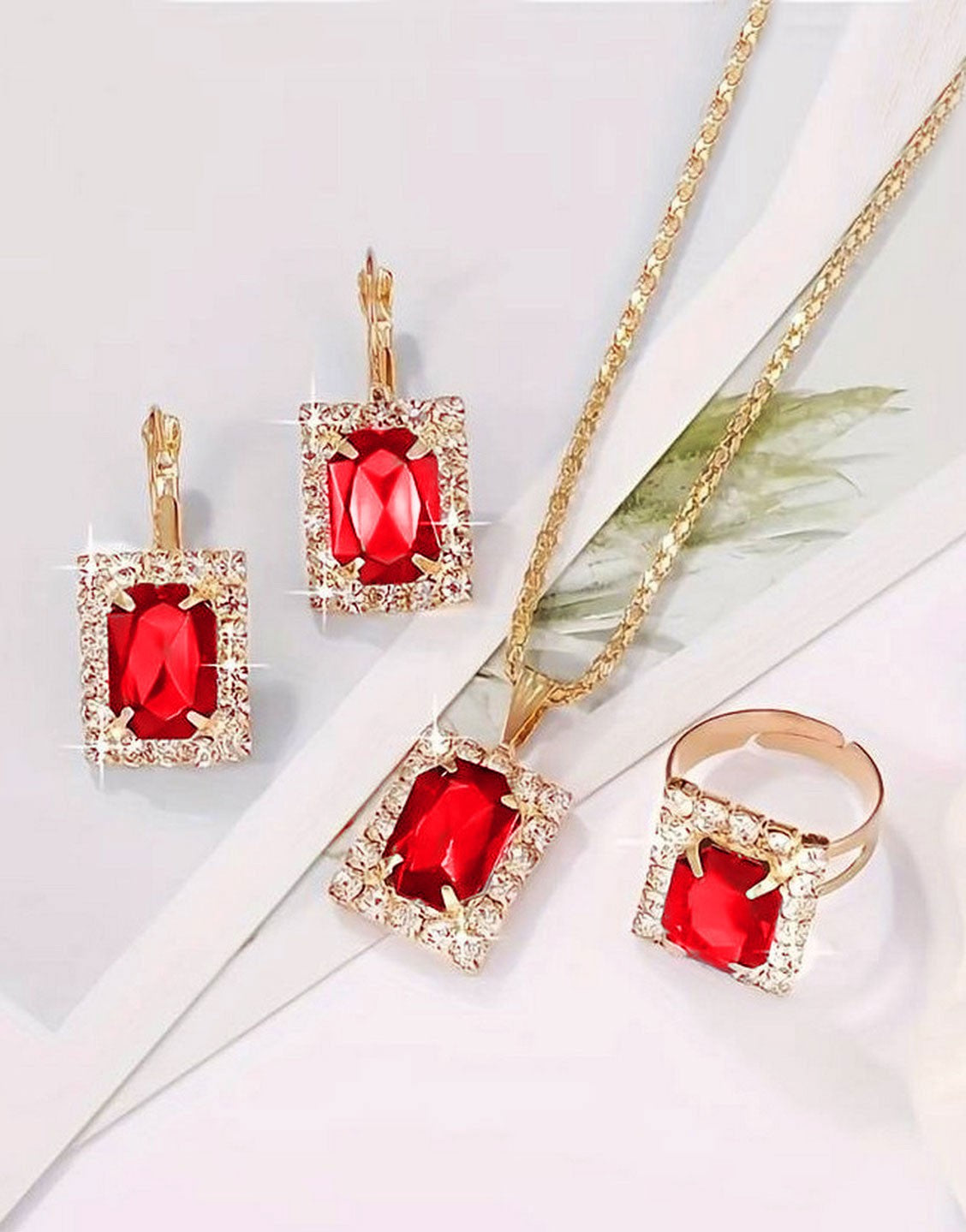 3-Piece Square Shape Synthetic Red Gemstone Jewellery Set with Earrings, Necklace and Ring (TK18059)