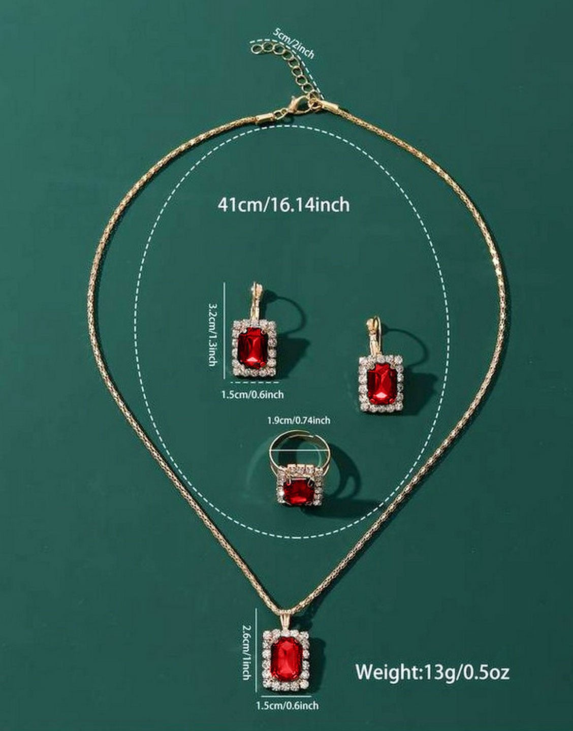 3-Piece Square Shape Synthetic Red Gemstone Jewellery Set with Earrings, Necklace and Ring (TK18059)