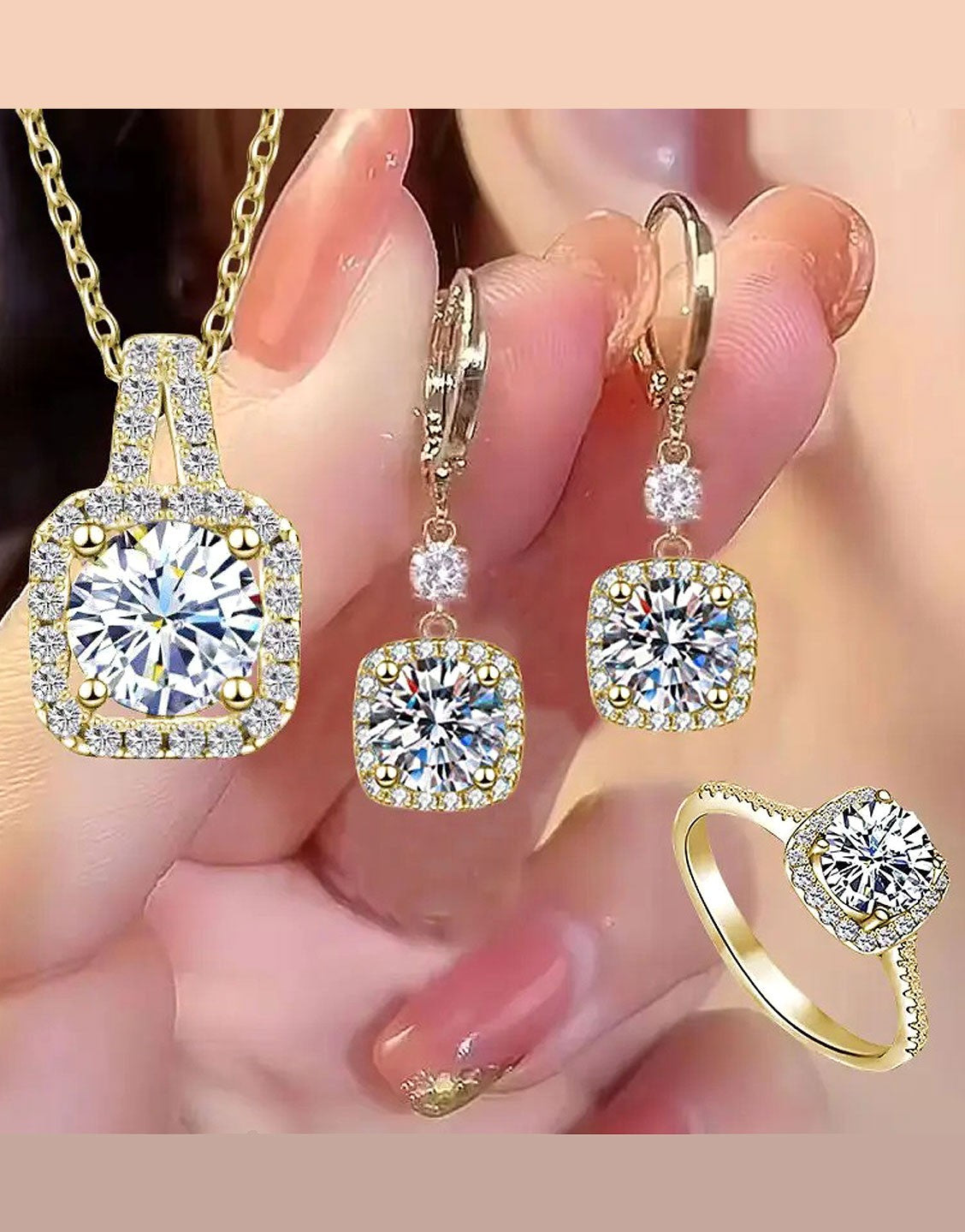 3-Piece Minimalist Design Golden Jewellery Set with Earrings, Necklace and Ring (TK18060)