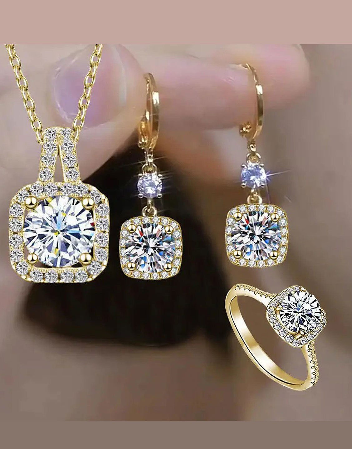 3-Piece Minimalist Design Golden Jewellery Set with Earrings, Necklace and Ring (TK18060)