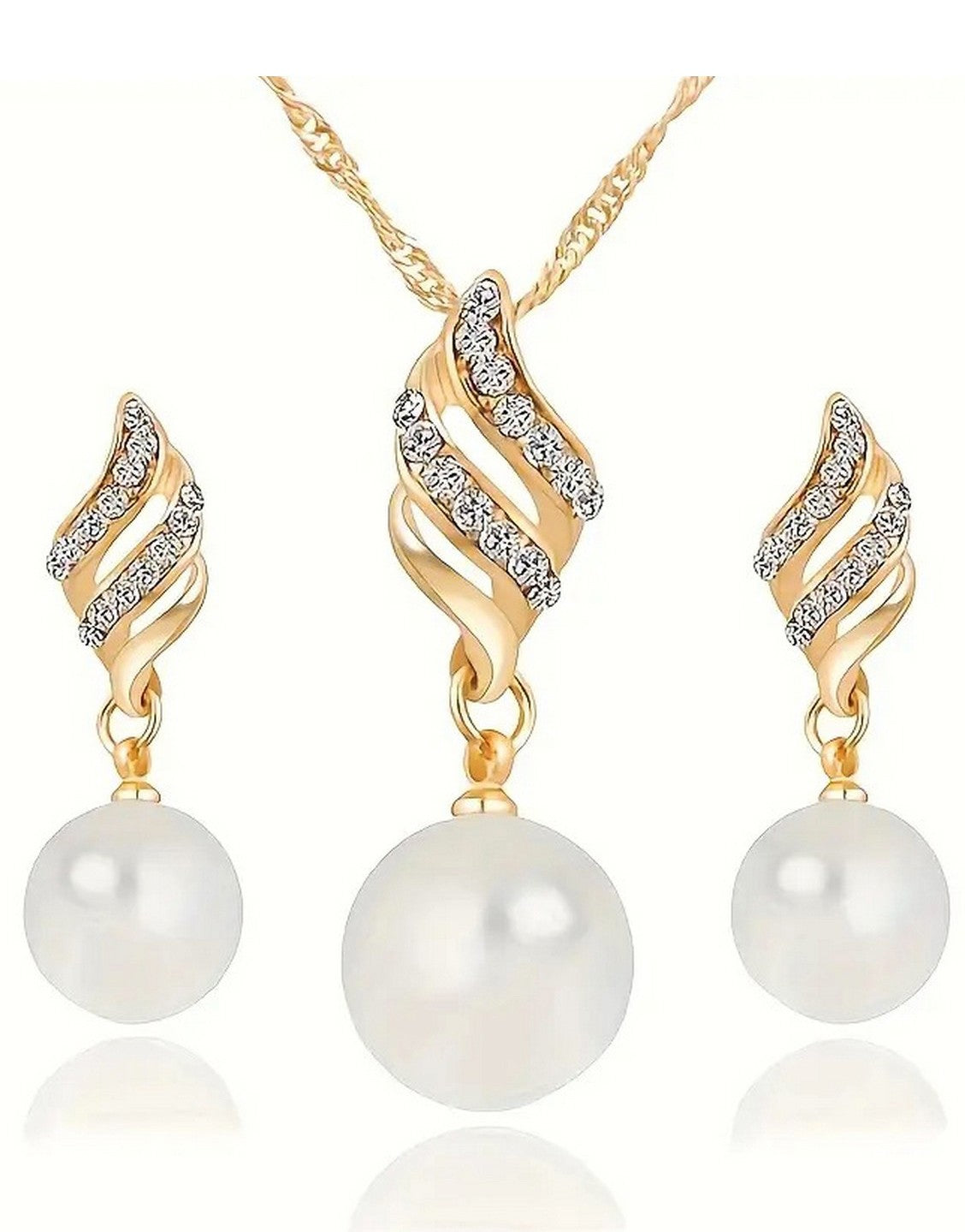 Exquisite Spiral Pearl Golden Jewellery Set with Necklace and Earrings (TK18061)