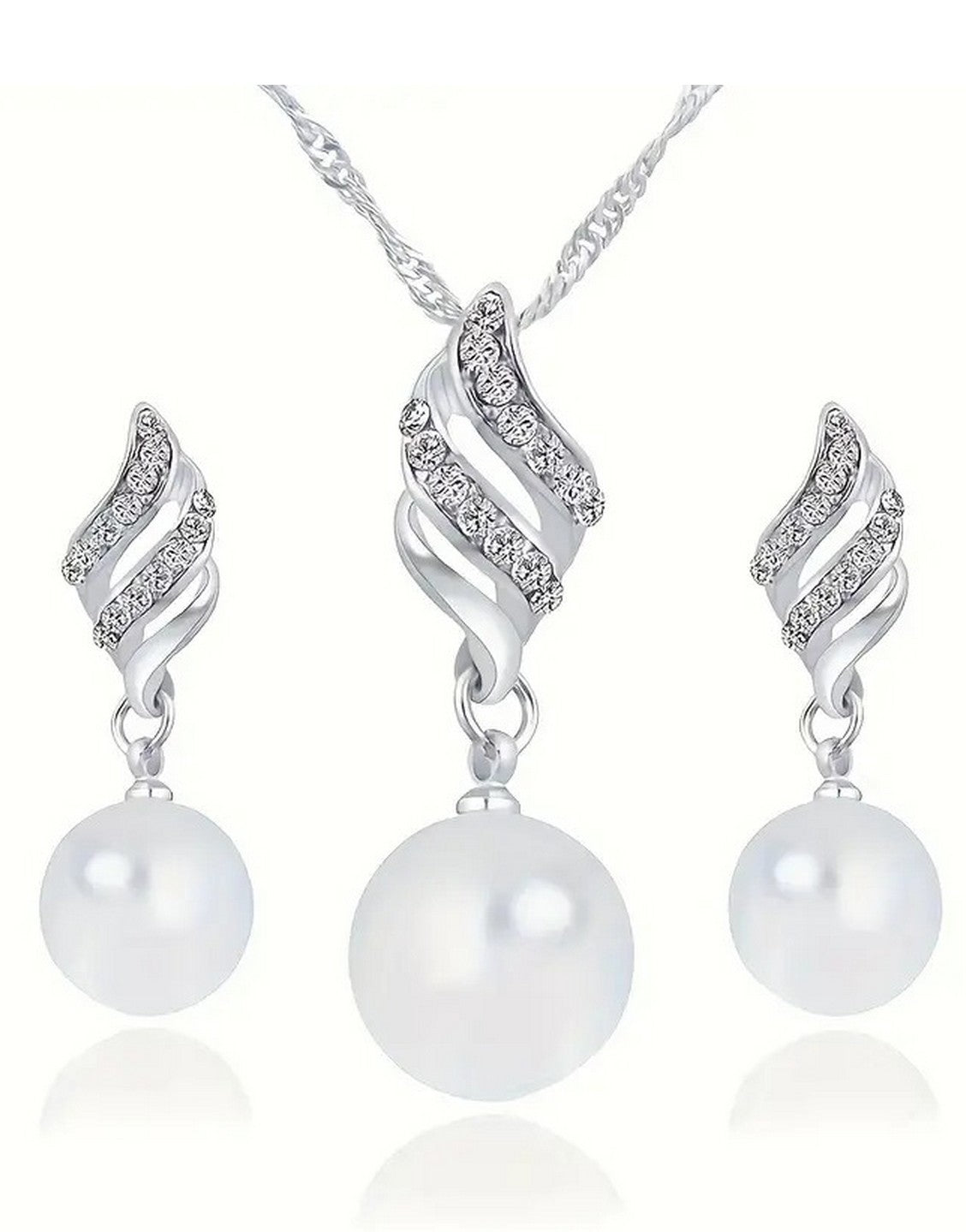 Exquisite Spiral Pearl Silver Jewellery Set with Necklace and Earrings (TK18062)
