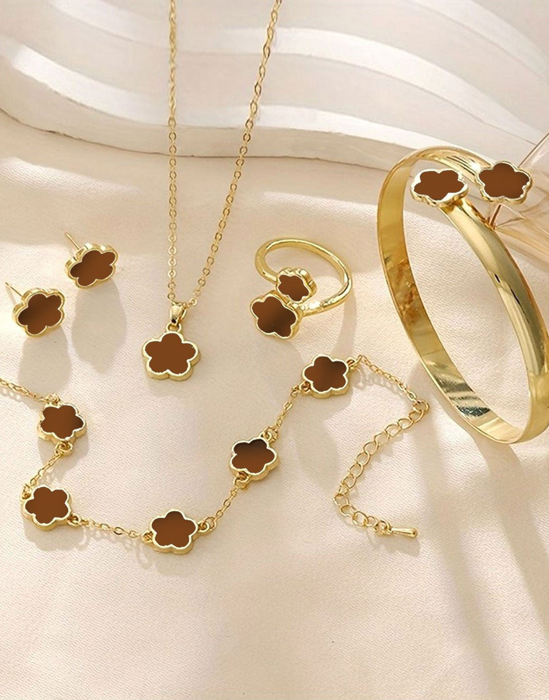 5-Piece Brown Five Leaf Clover Design Jewelry Set includes Bracelet, Earrings, Kara, Necklace & Ring (TK18064)