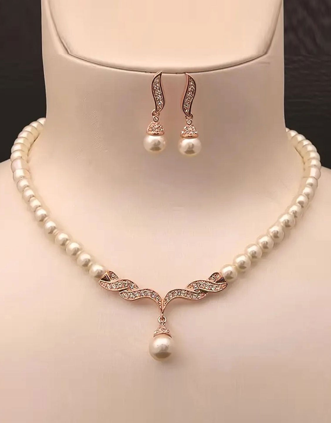 High Quality Rose Gold Pearl Necklace Set with Earrings (TK18067)