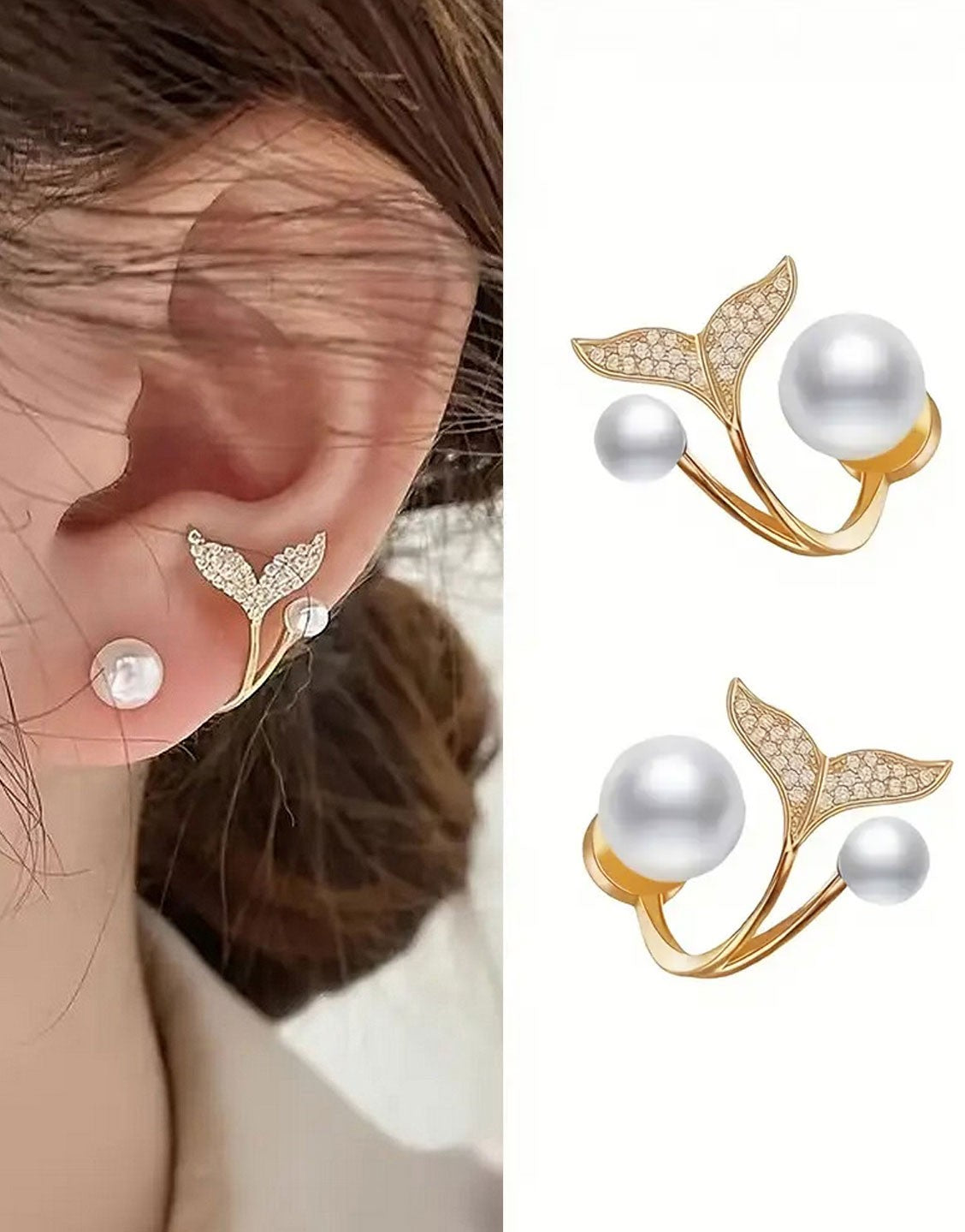 Faux Pearls & Rhinestones 14K Gold Plated Whale Tail Stud Earrings (TK18072)