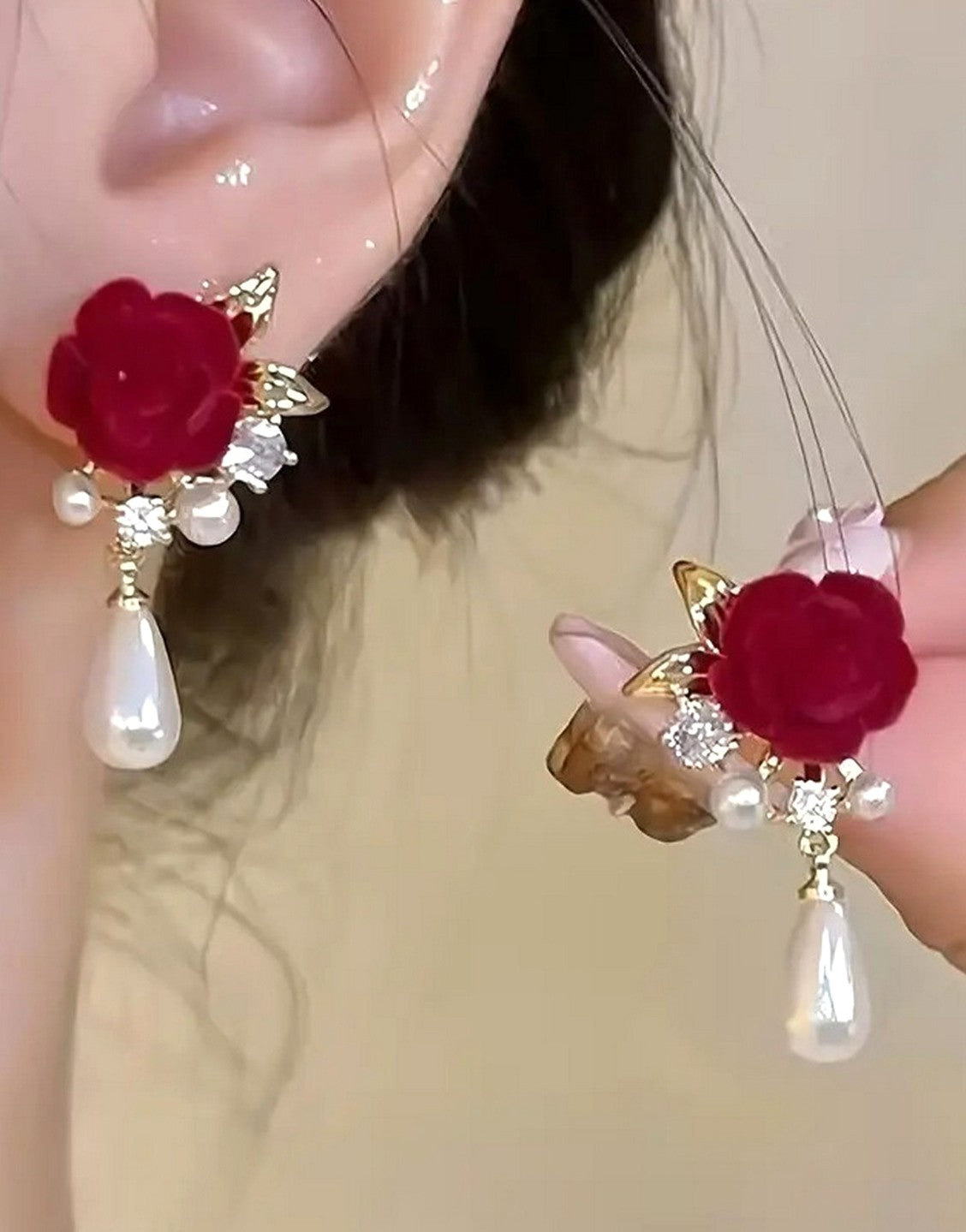 Rose Flower Inlaid Imitation Pearl Earrings for Girls (TK18078)