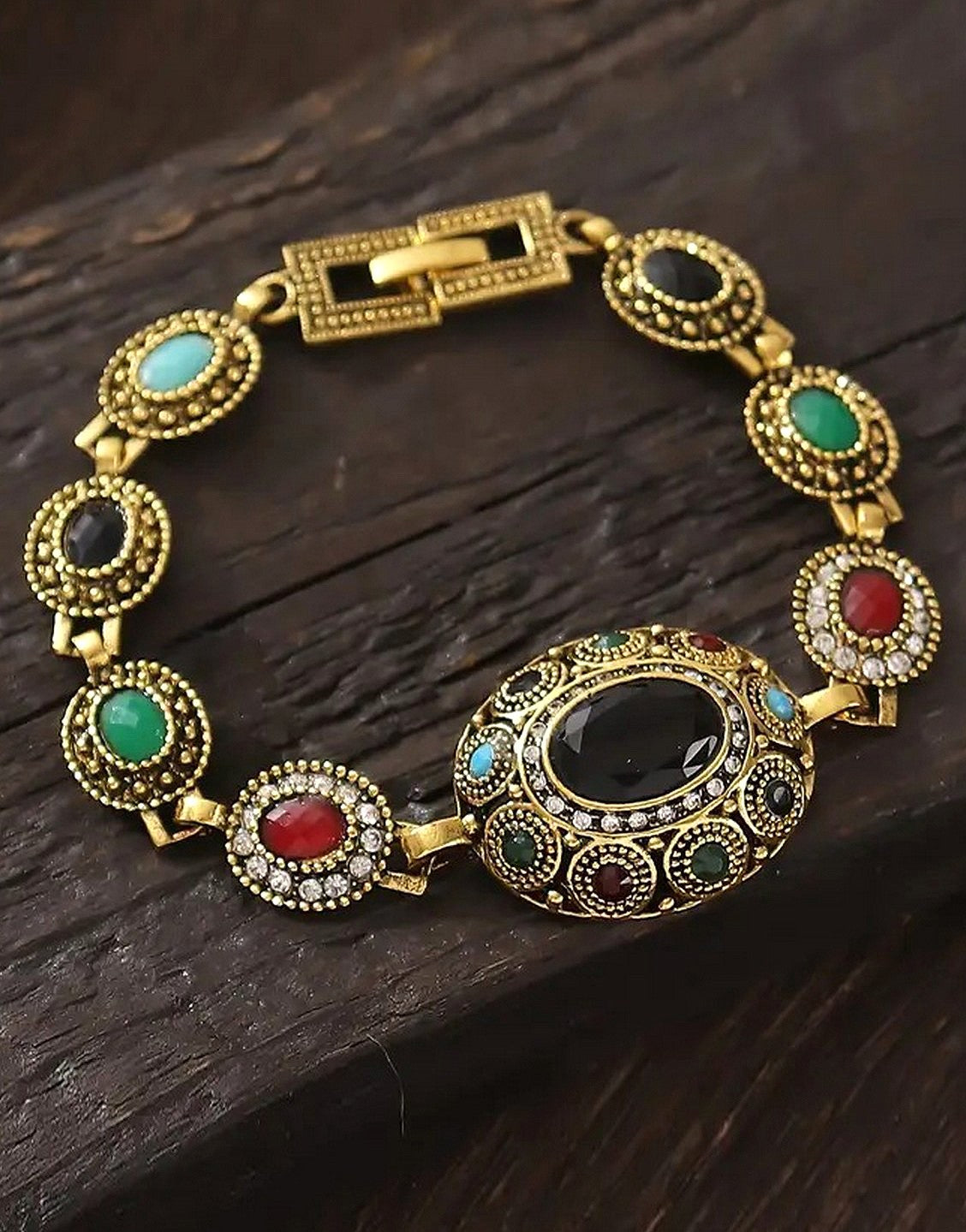 Vintage-Inspired Geometric Design Bracelet with Rhinestone Starburst (TK18090)