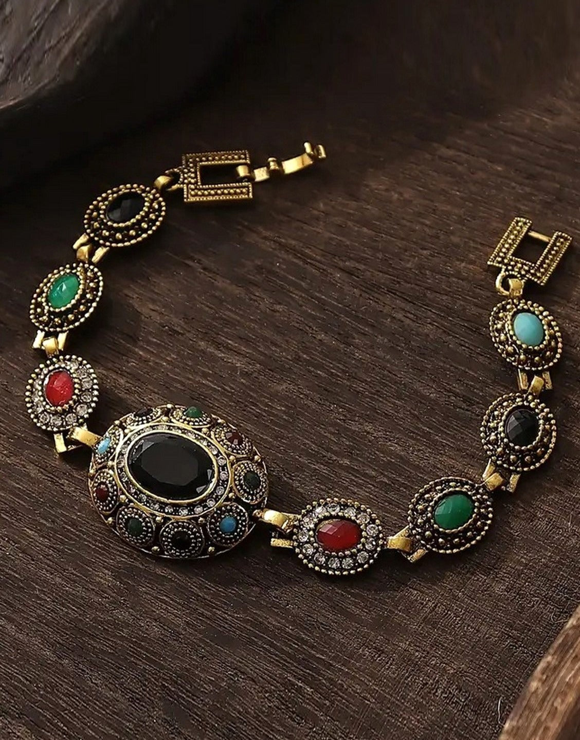 Vintage-Inspired Geometric Design Bracelet with Rhinestone Starburst (TK18090)