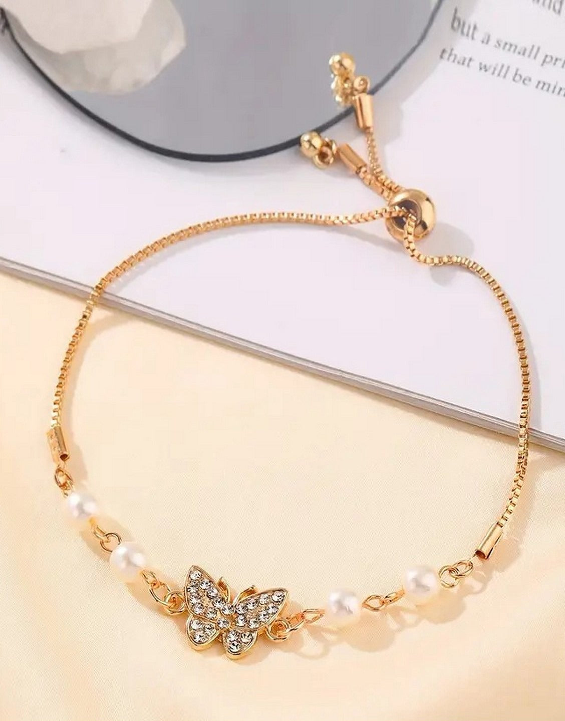 Precious Golden-Tone Butterfly Charm Bracelet for Girls with Imitation Pearl & Rhinestones (TK18091)